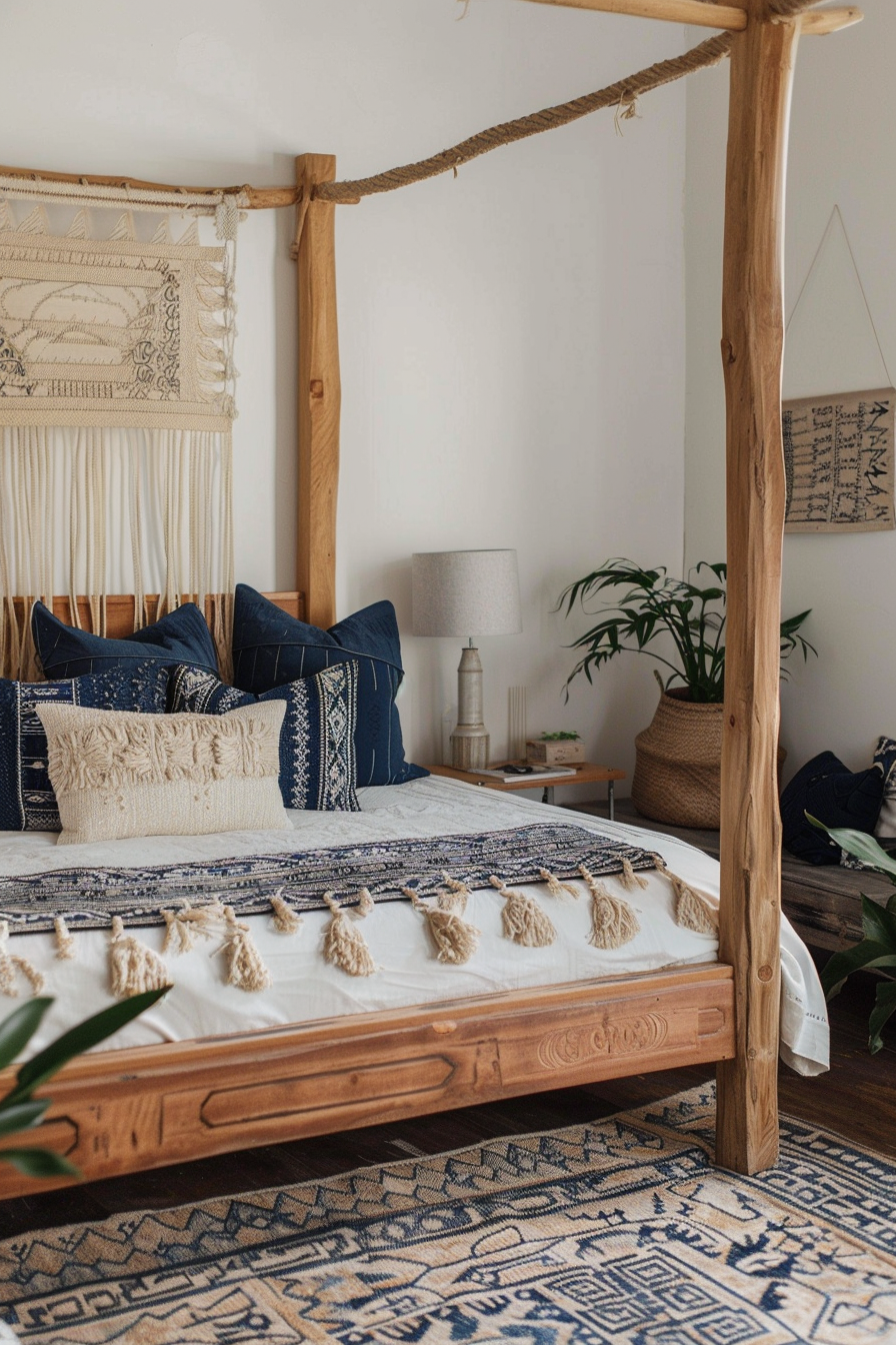 Japandi x Aztek Bedroom Design. Natural wooden bedframe with aztec patterned dark blue cushions.