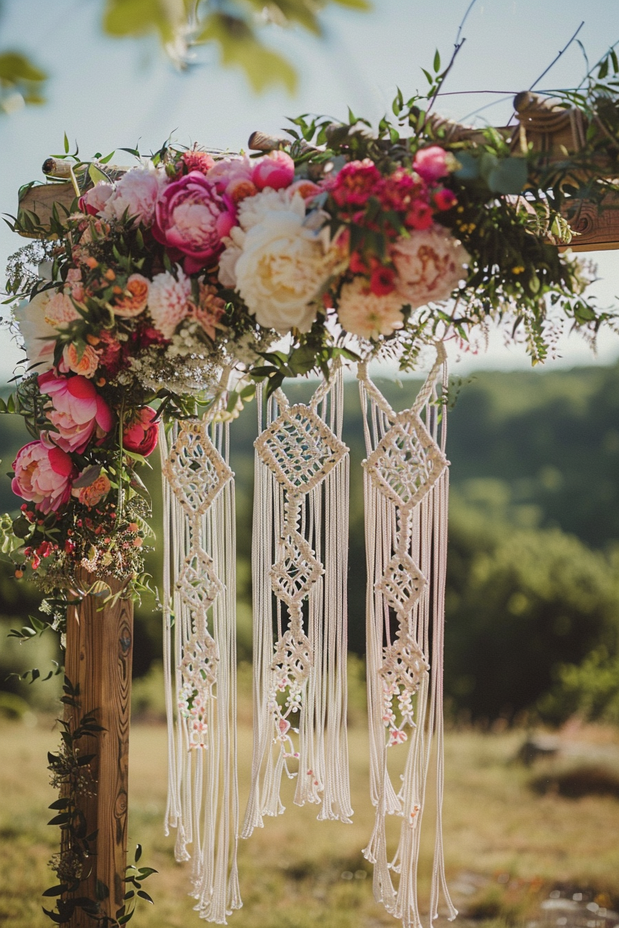 Wedding design. Boho-themed wedding arch with hanging macrame decor and peonies.