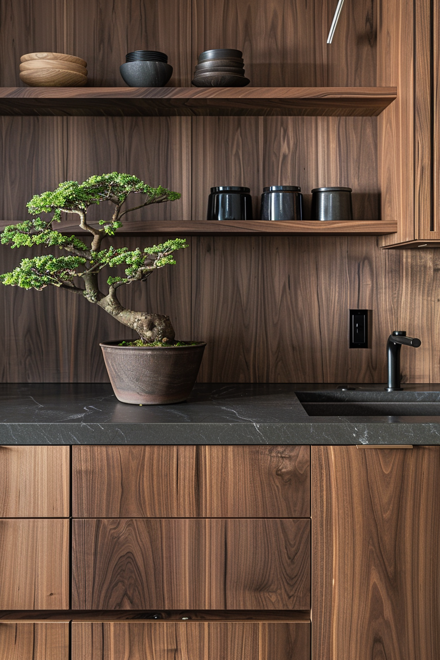 Japandi kitchen. Black walnut cabinetry with warm oak floors and bonsai plant detail.