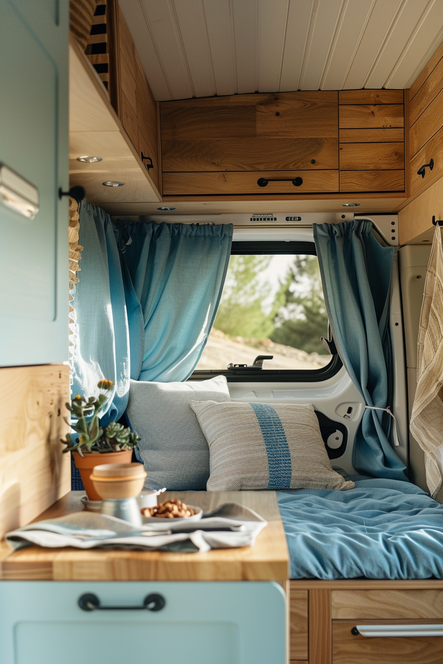 Modern camper van interior. Sky blue curtains paired with oak-finished cabinets.