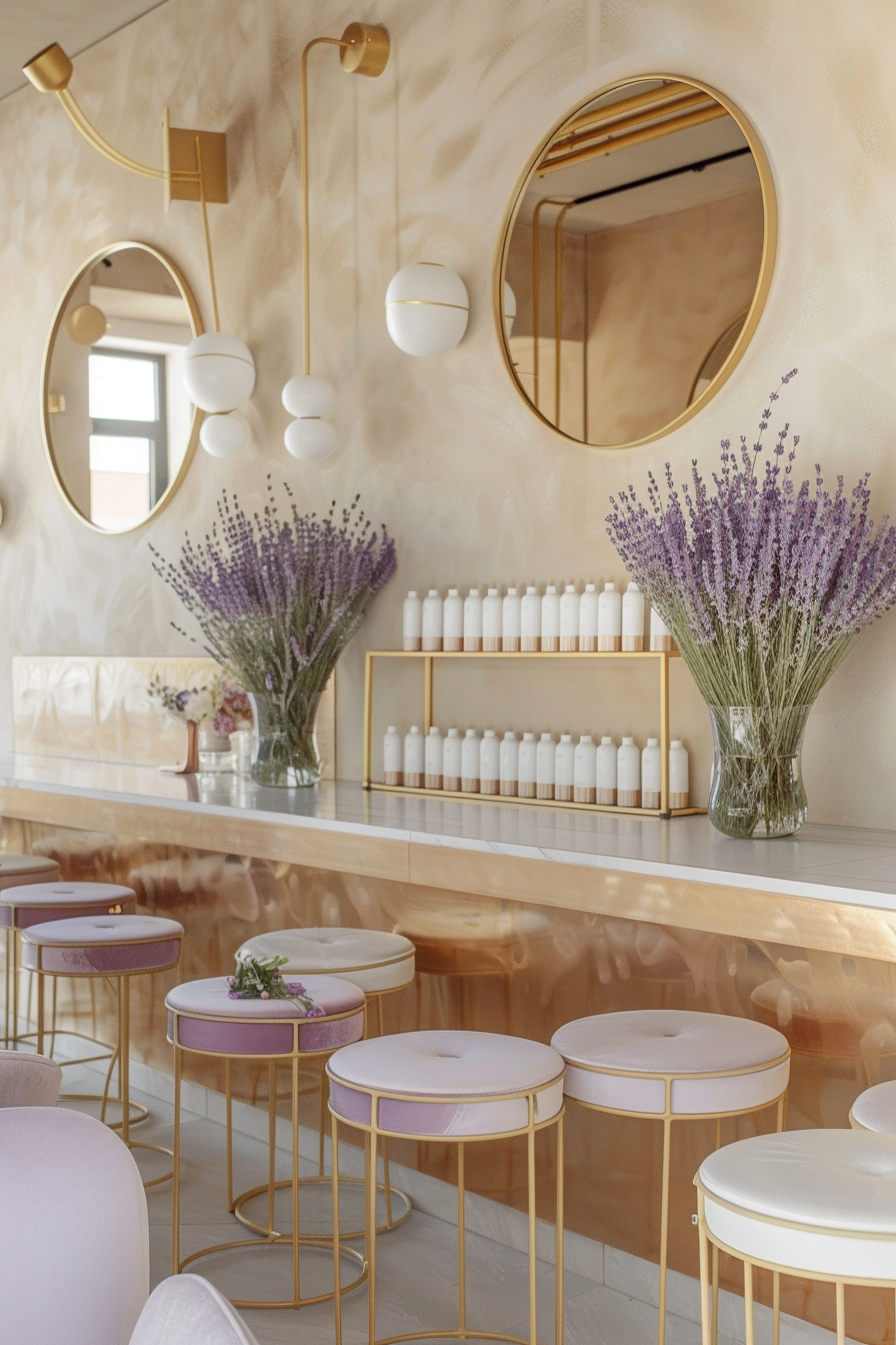 Nail salon design. Mondrian-style manicure tables, circular mirrors, fresh lavender bunches, gold geometric accents.