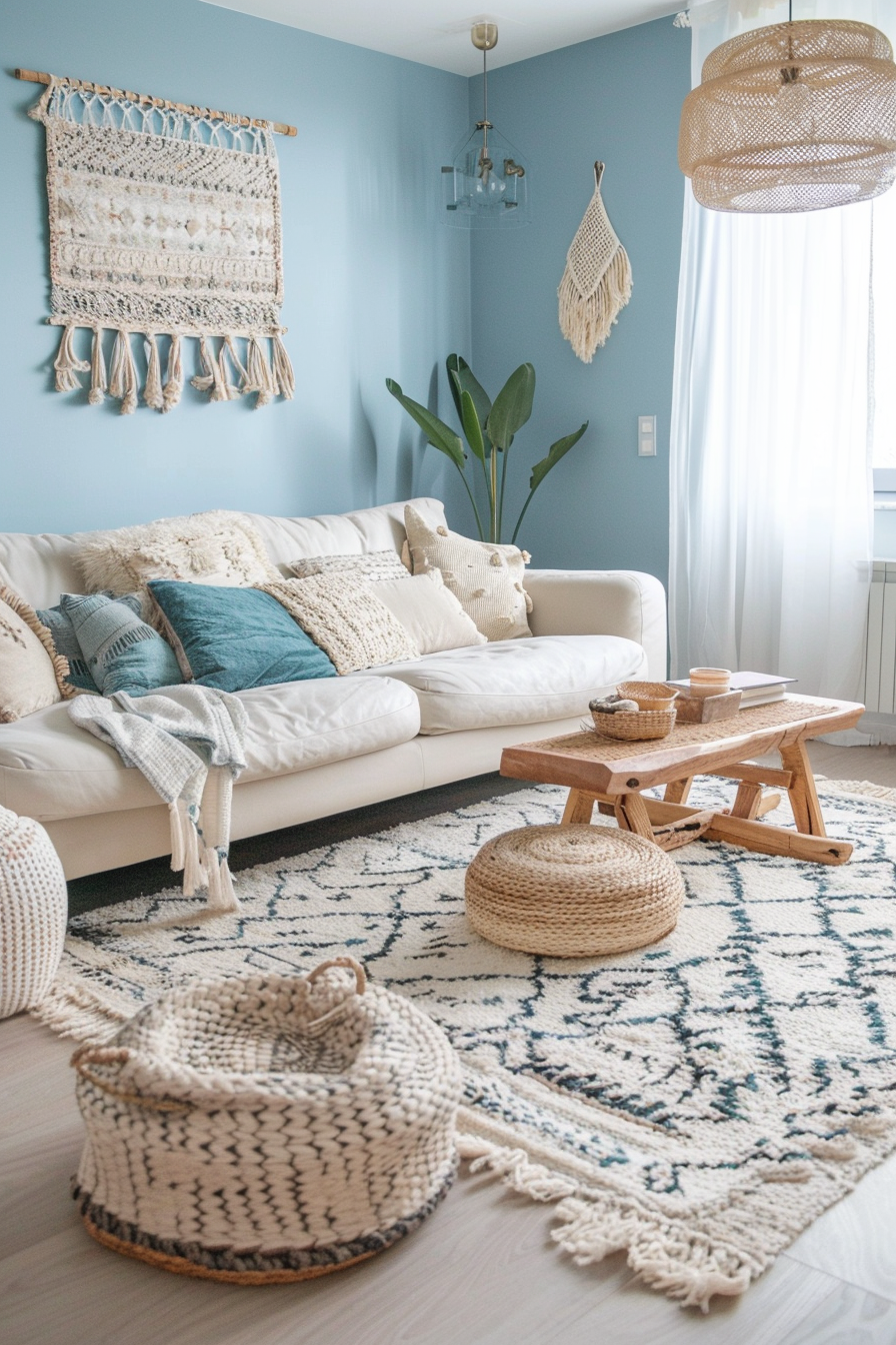 Wide view. Boho pastel blue living room. Off-white Moroccan rug, rustic furniture.