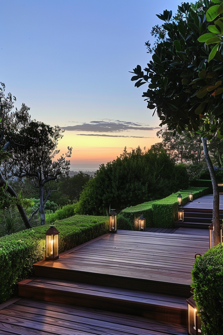 Beautiful backyard view. Lush green hedges on mahogany deck under a clear twilight sky.