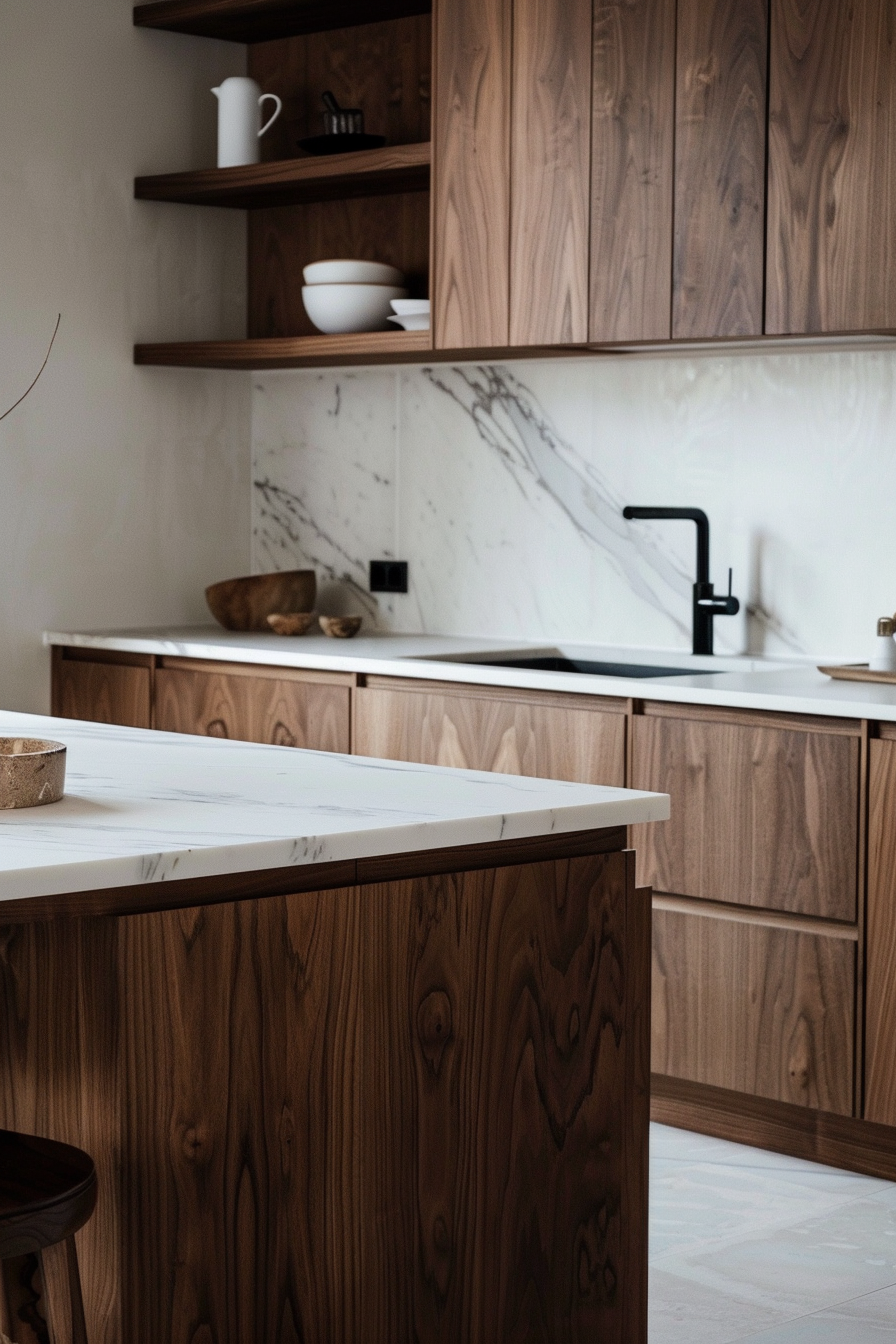 Japandi kitchen. Dark oak cabinets with minimalist, white marble countertop.