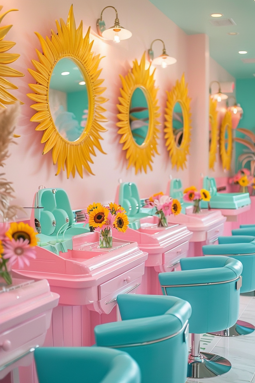 Nail salon design. Hot pink manicure tables with blooming sunflower mirrors and turquoise accessories.