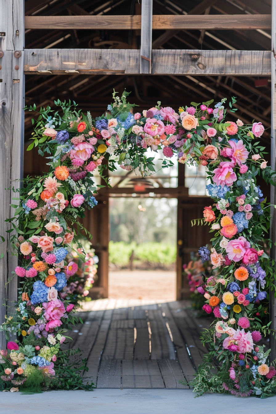 Wedding design. Multicolor floral archway framed against rustic wooden barn.