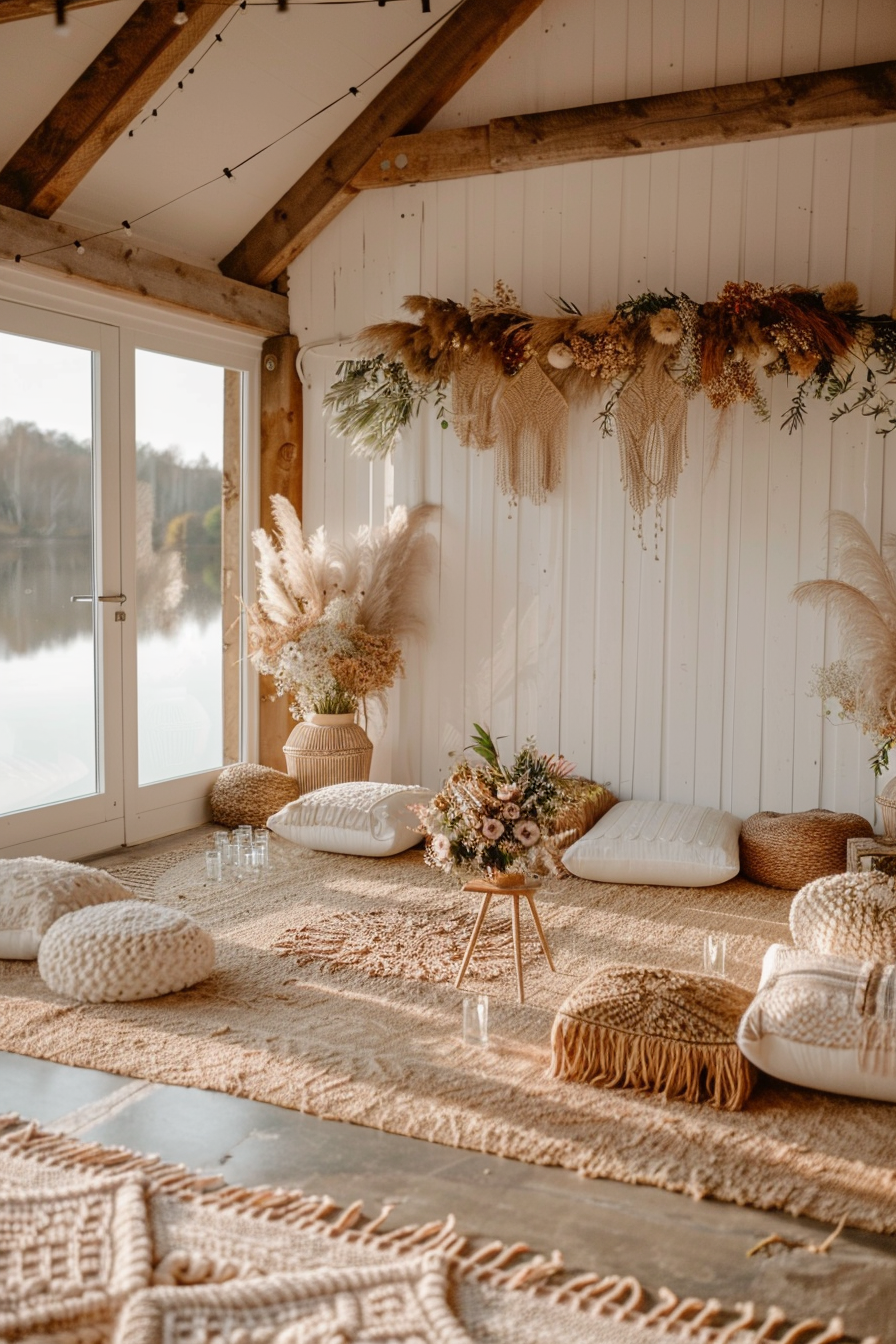 Wedding view. Boho design with macramé details and floor seating