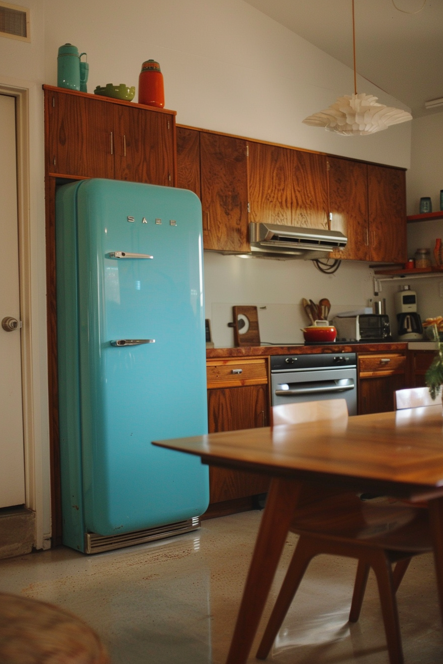 Mid Century Modern Kitchen. Turquoise retro fridge & Scandinavian teak table.