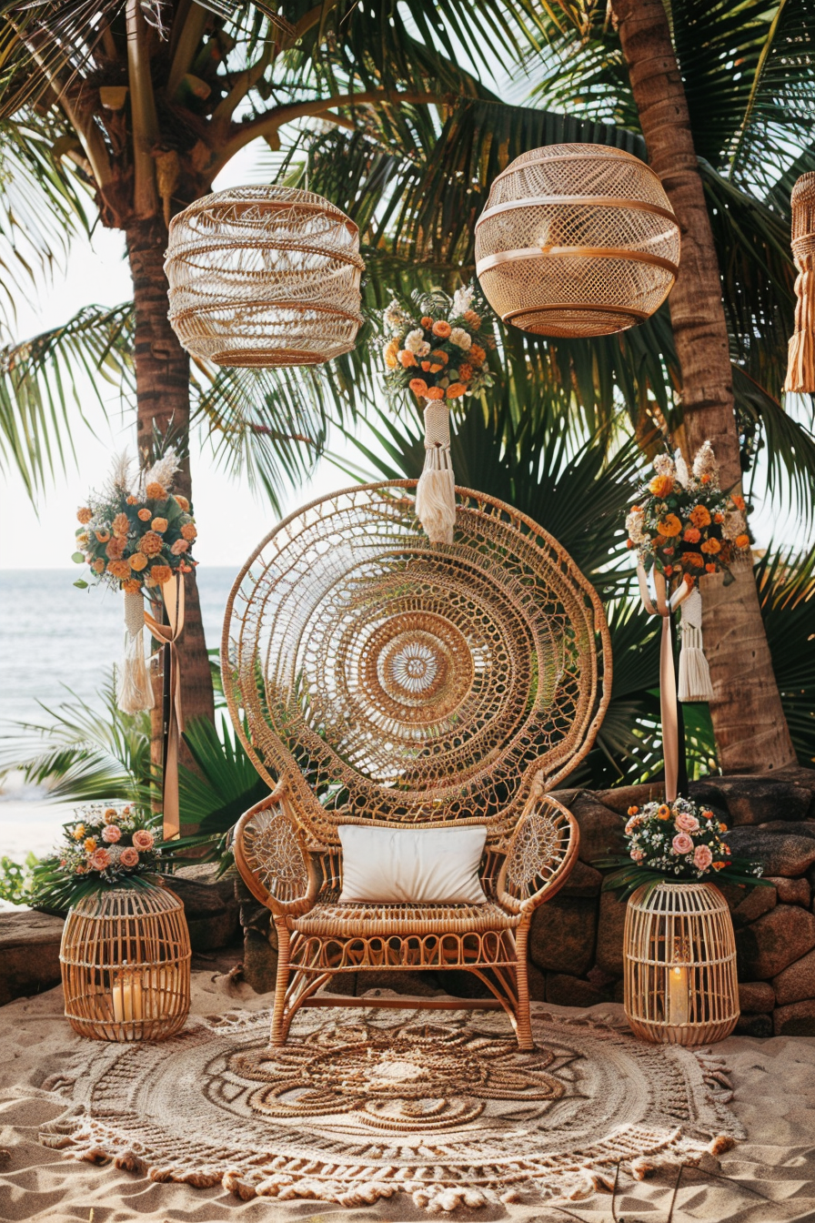 Beach wedding. Peacock chair with macrame decor and wicker lanterns.