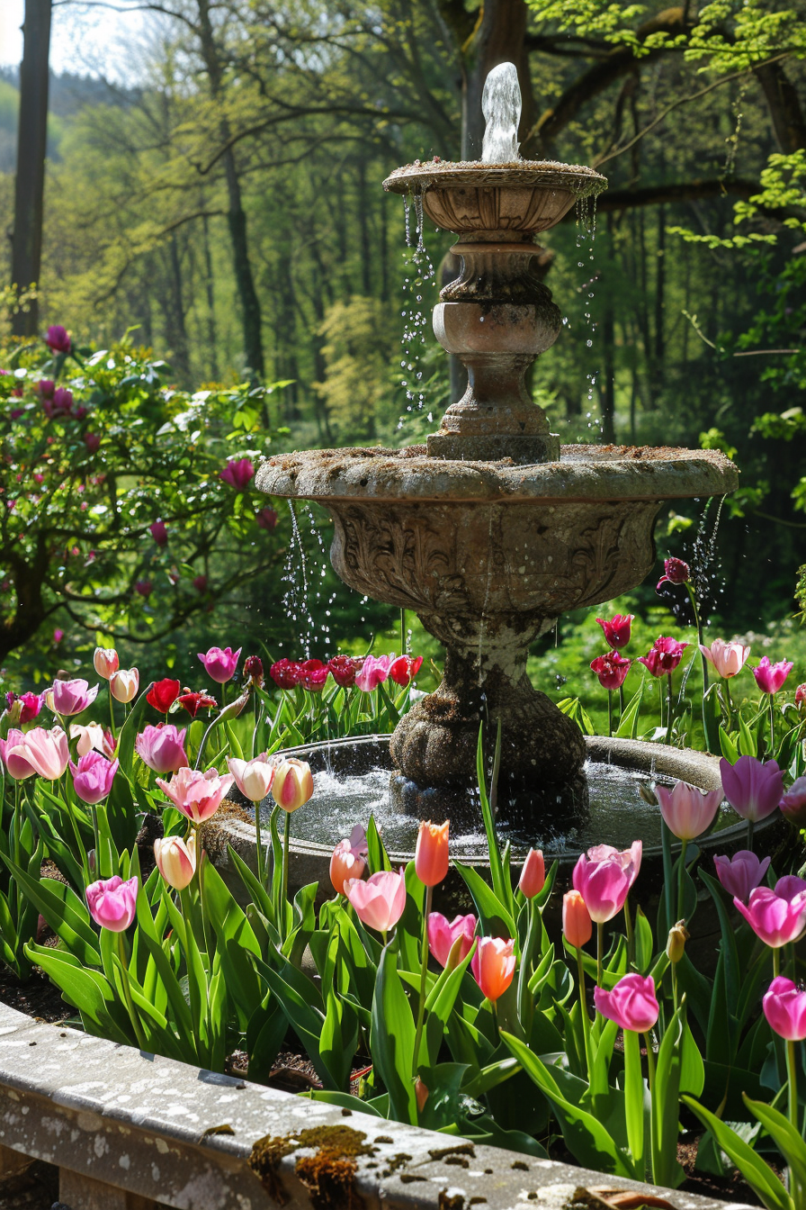 View from a deck. Ornate stone fountain amidst iridescent tulips in the sunshine.