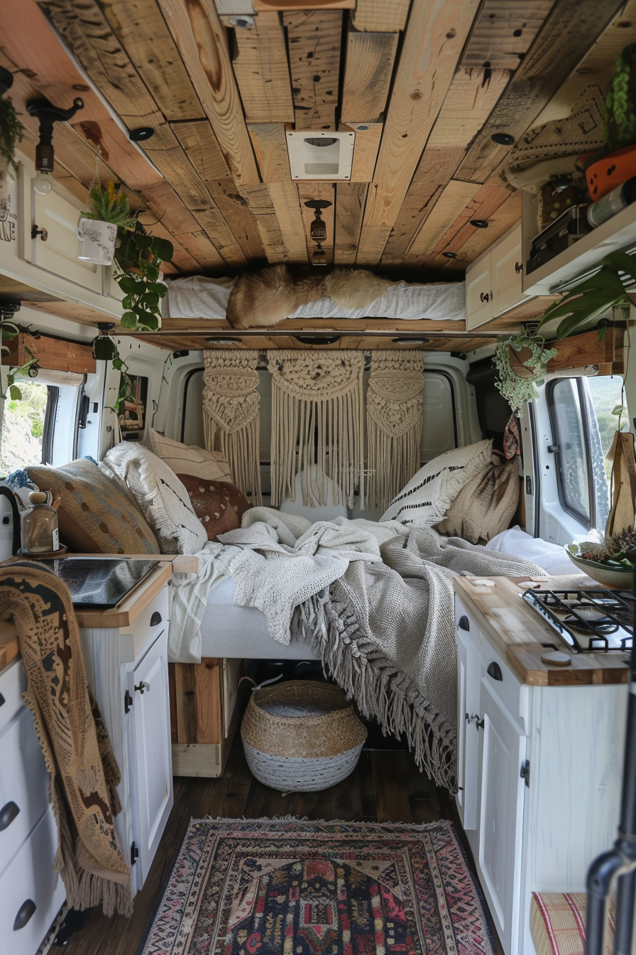 Converted Sprinter van camper view. Bustling boho interior with knotted macrame wall hangings.