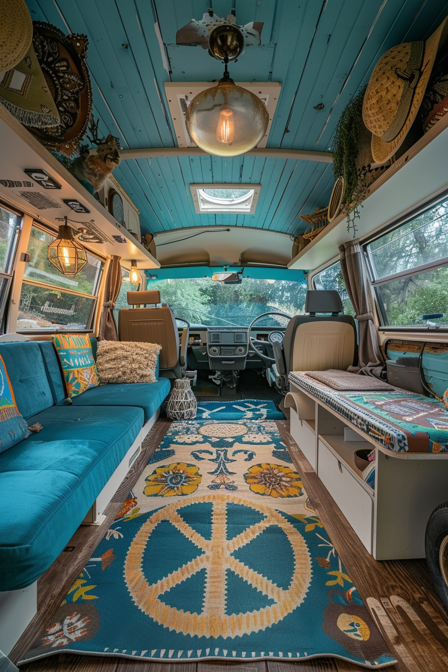 Modern camper van interior. Peace sign patterned rug with teak wood flooring.