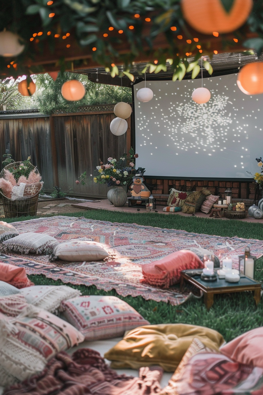 Backyard movie night. Tassel-trimmed blanket, pastel and metallic floor pillows, star projectors.