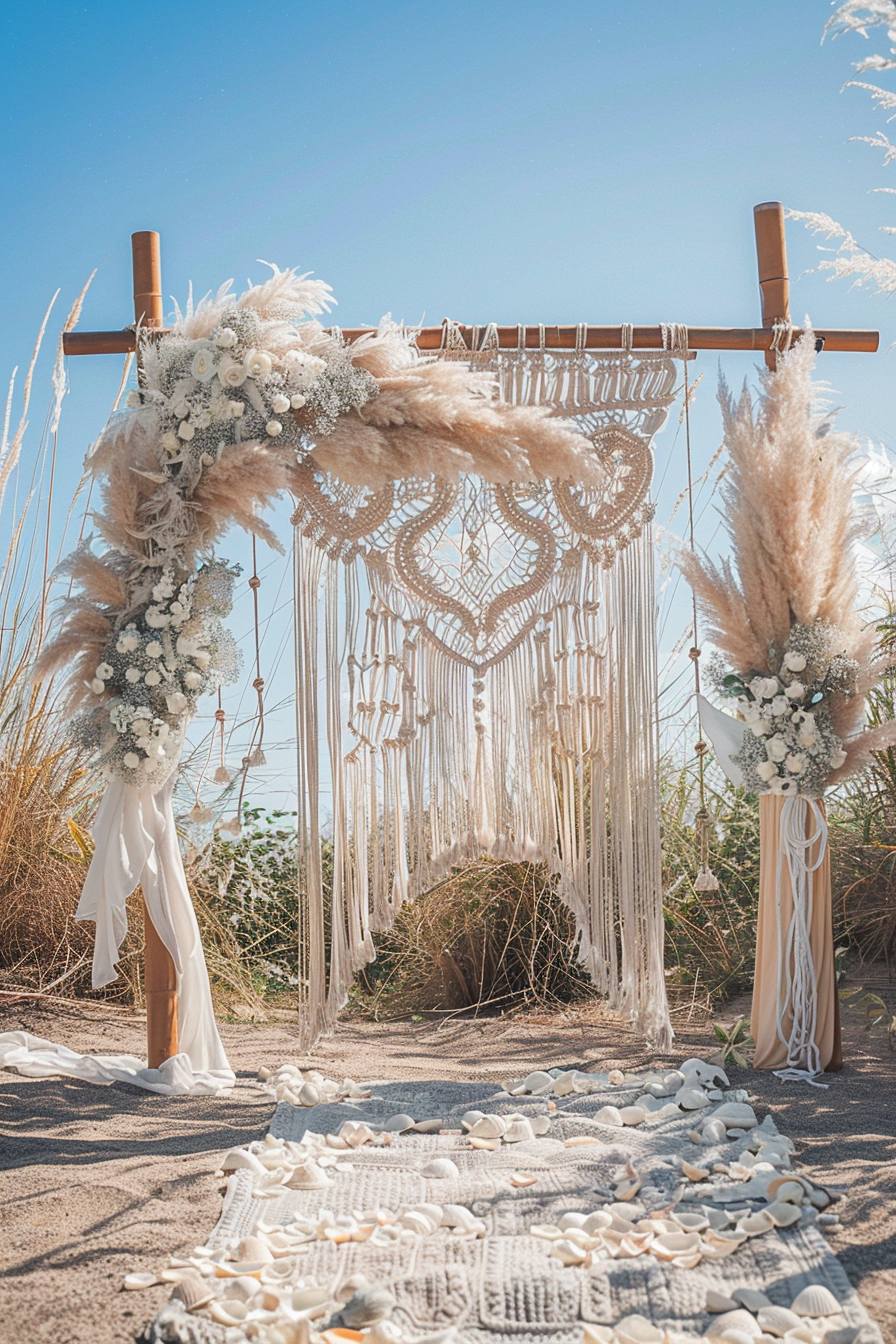 Boho beach wedding. Macrame arch decorated with white seashells and pampas grass.