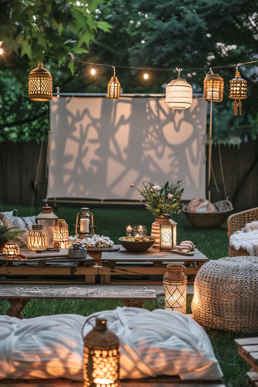 Backyard movie night. Boho picnic spread with rattan lanterns and projector screen.