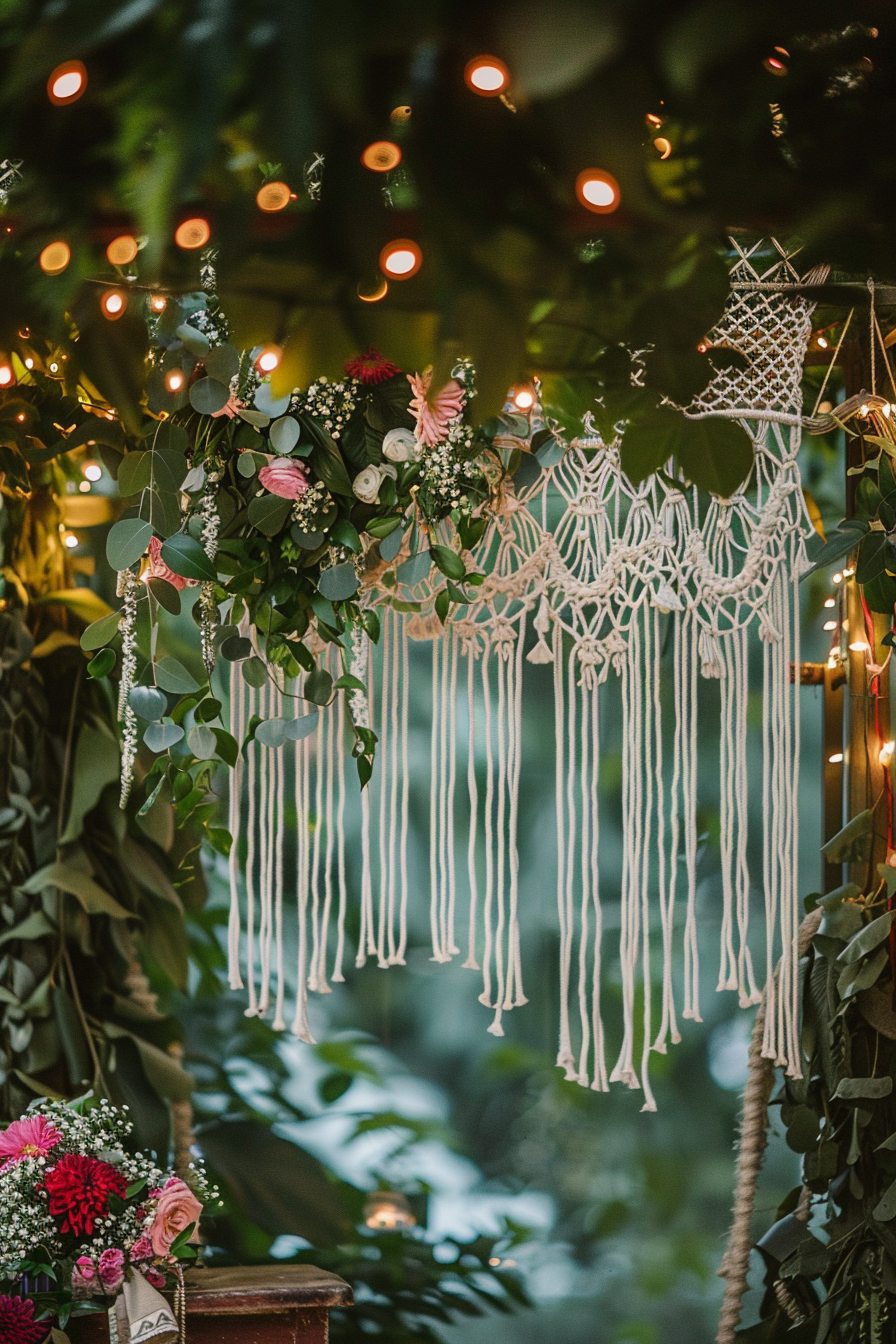 Boho-themed wedding. Illustrate macrame and lush greenery under fairylight canopy.