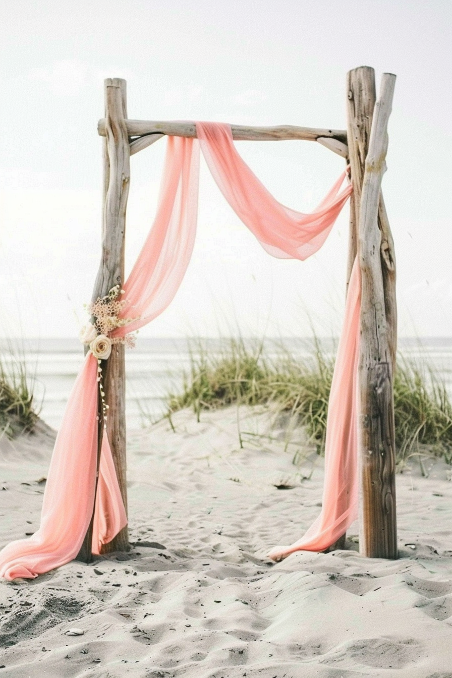 Beach wedding. Driftwood altar with pink fabric garland.