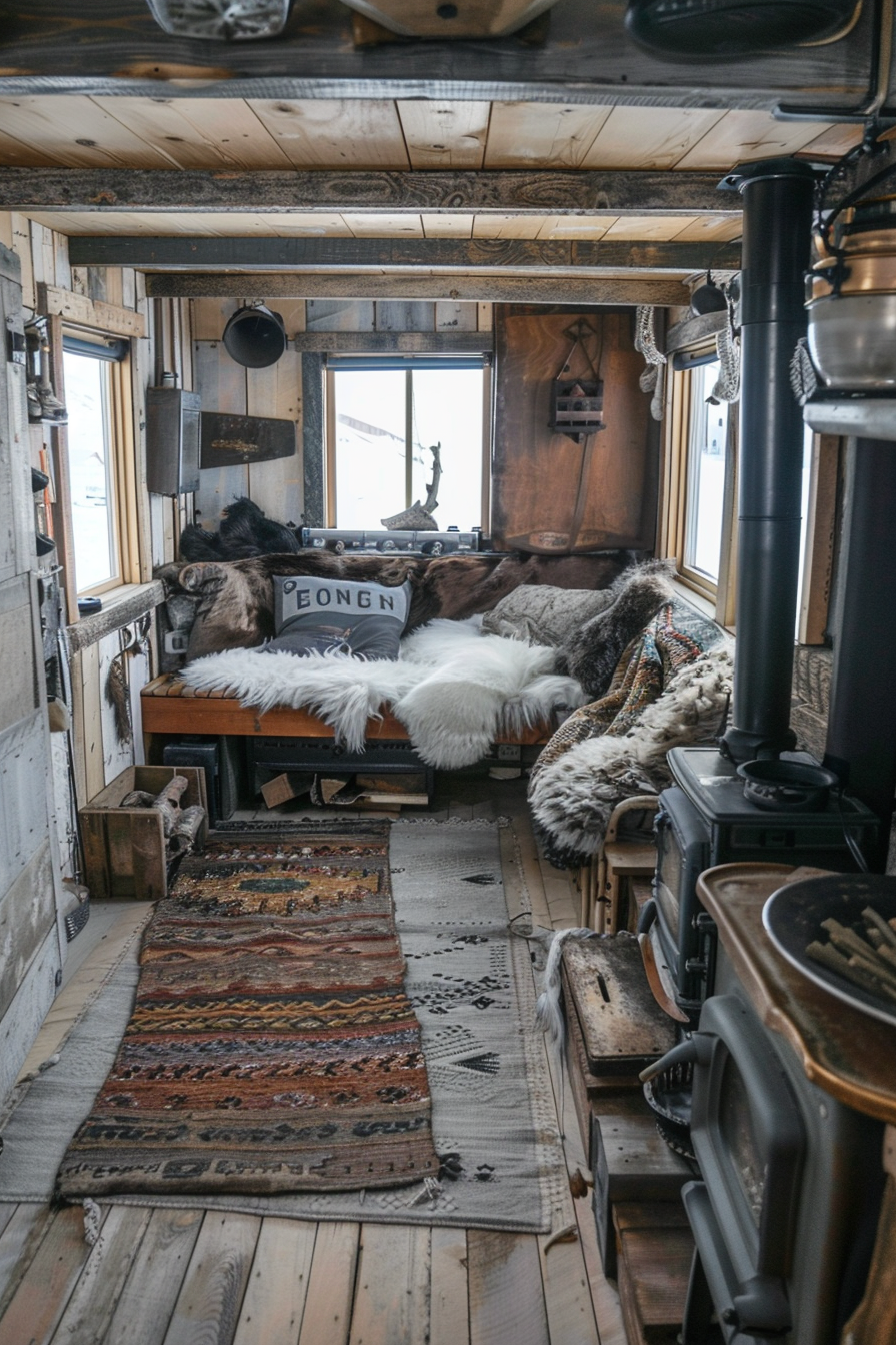 Tiny house living room. Rustic wood stove with faux fur rugs nearby.