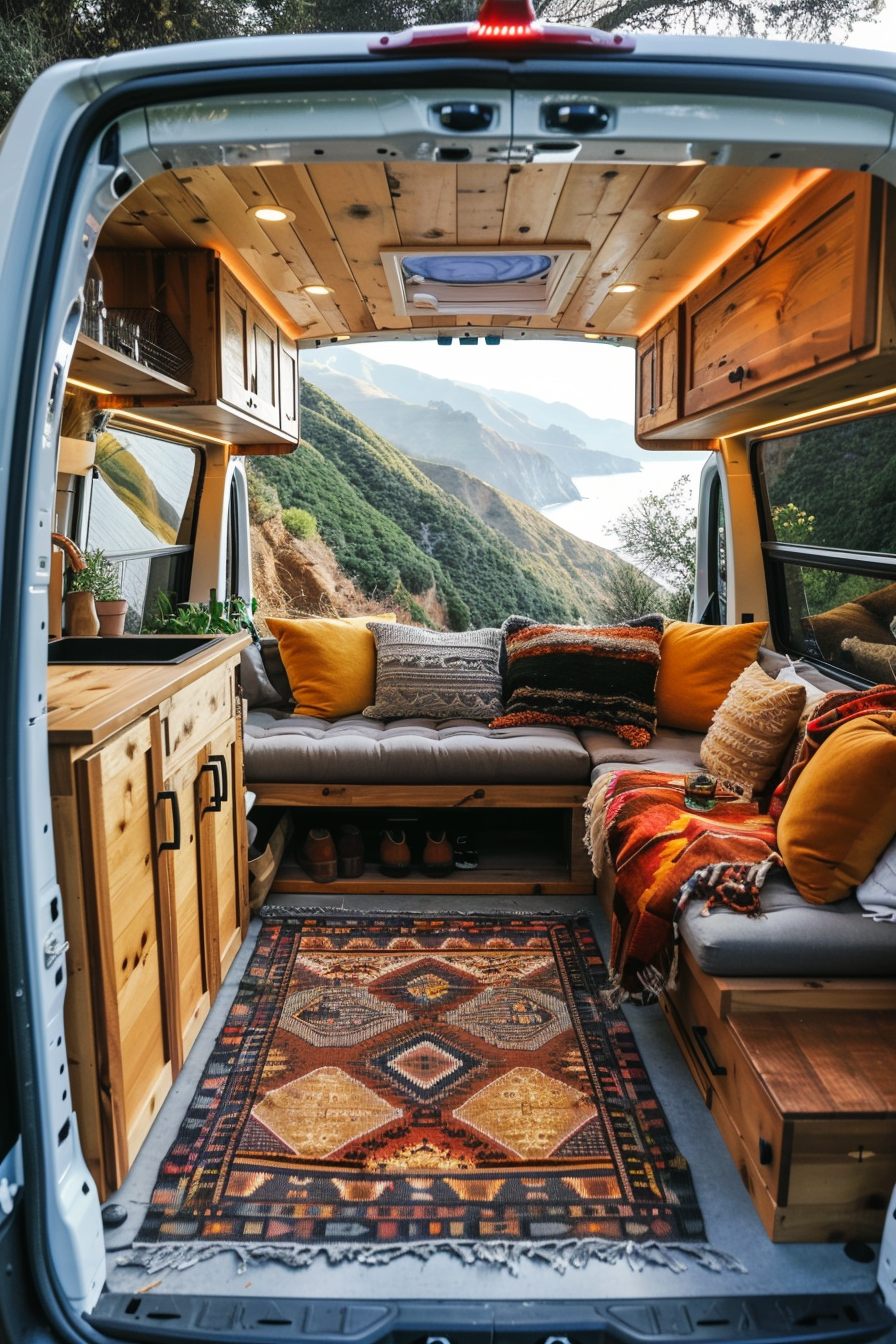 Modern camper van interior. Teak wood furniture with bohemian weave rug.