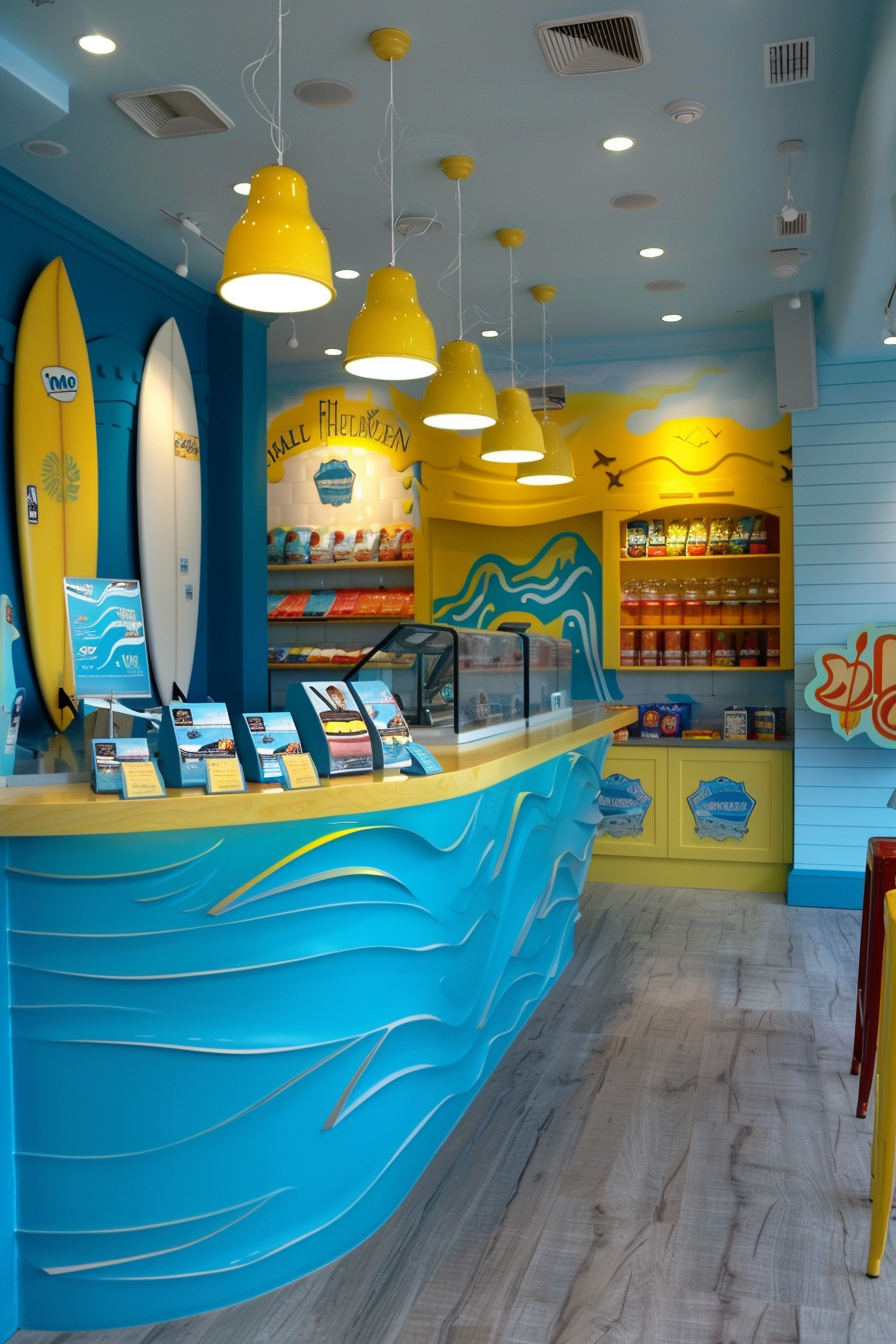 Surf shop design. Ocean blue counter with surfboards and yellow accents.