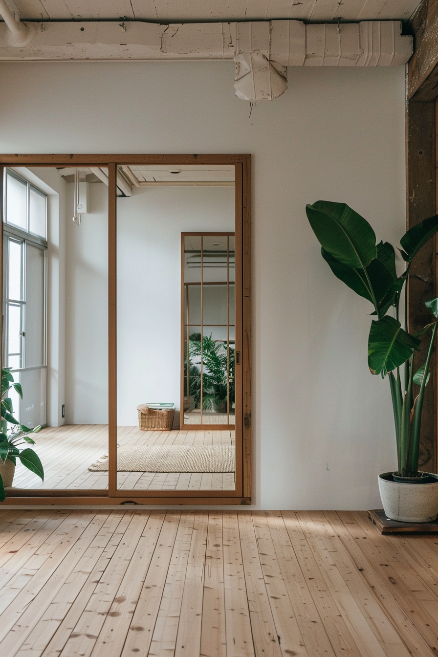 Japandi yoga studio. Pine sliding doors, bamboo flooring, rubber plant, wide mirror.