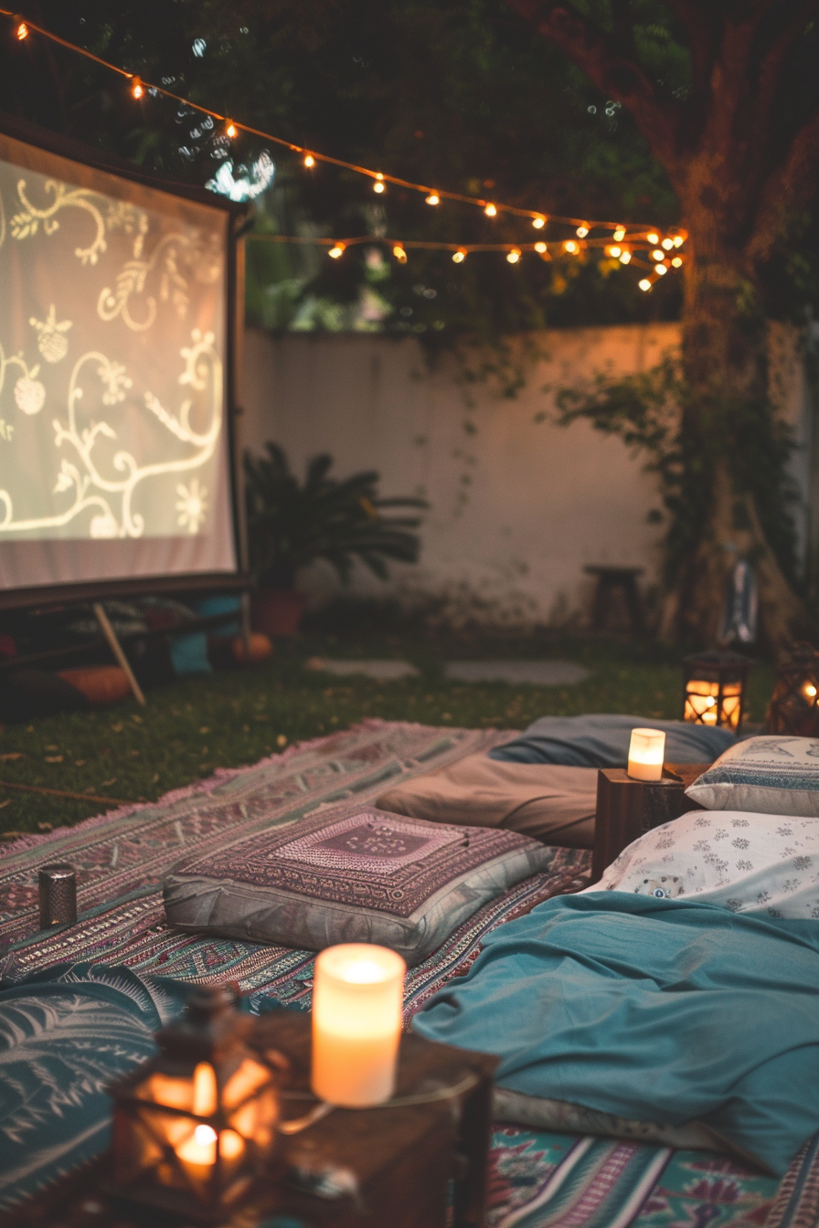 Backyard movie night. Vintage cloth cushions and fairy lights around a projector screen.