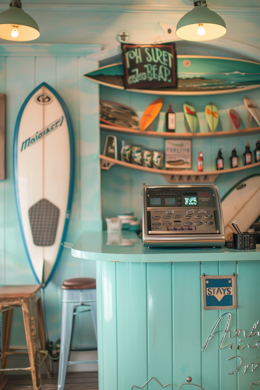 Surf shop design. Aquamarine counter with a surfboard-styled cash register.