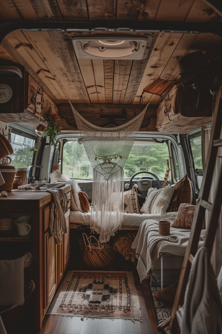 Converted Sprinter van camper view. Boho highlighted with macrame decor and minimalist wooden interiors.