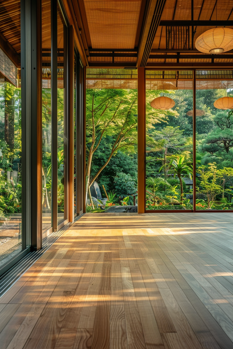 Japandi designed yoga studio. Bamboo floor and wide windows overlooking a zen garden.