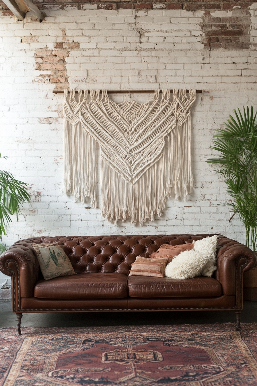 Boho living room. Macrame wall hanging with distressed leather couch.