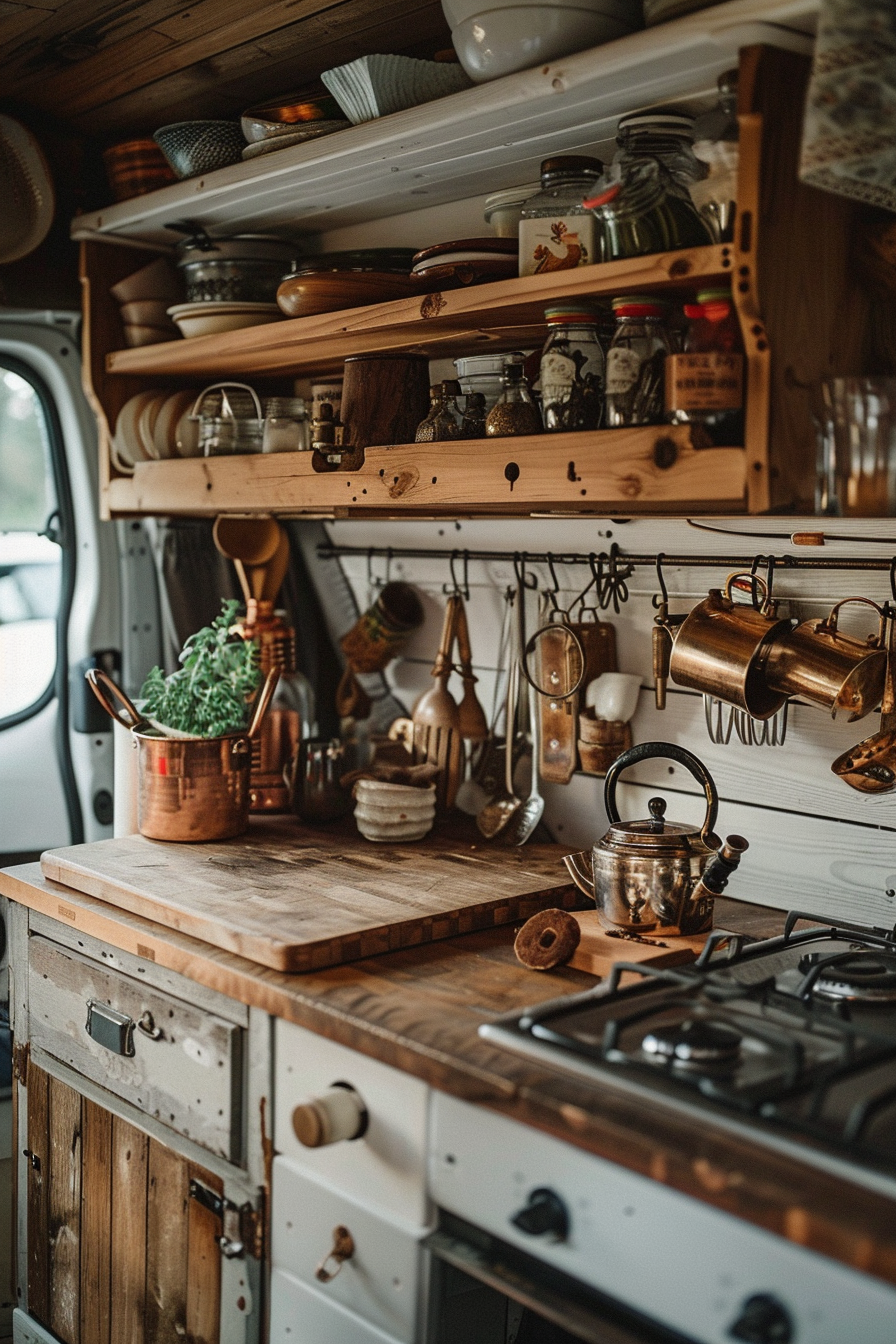 Rustic camper van kitchen. Wooden countertop with copper kettle.