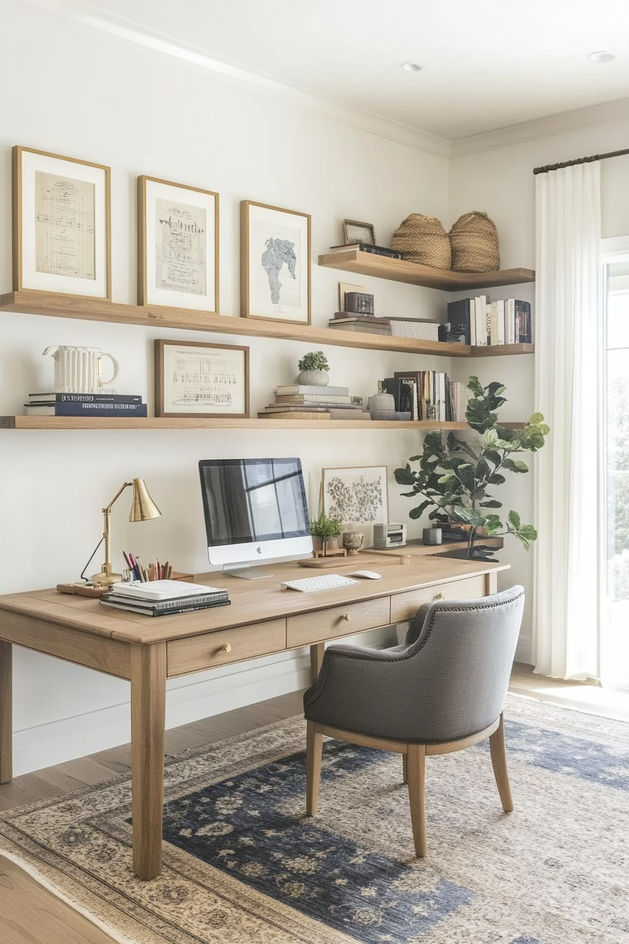 Home office inspiration. Oak desk with gallery wall of floating shelves.