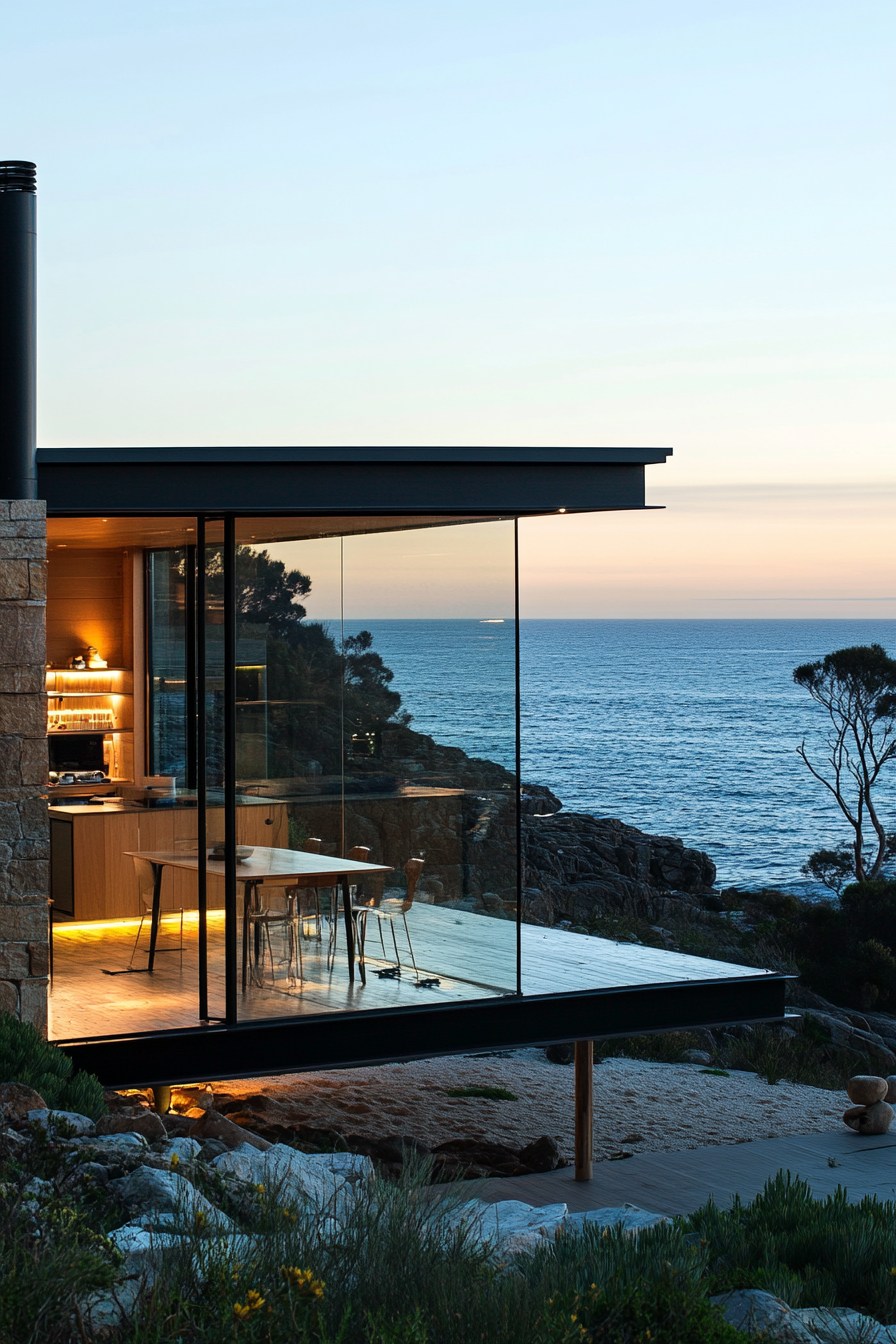 Compact beach house. Scandinavia-style architecture with glass walls facing the azure ocean.