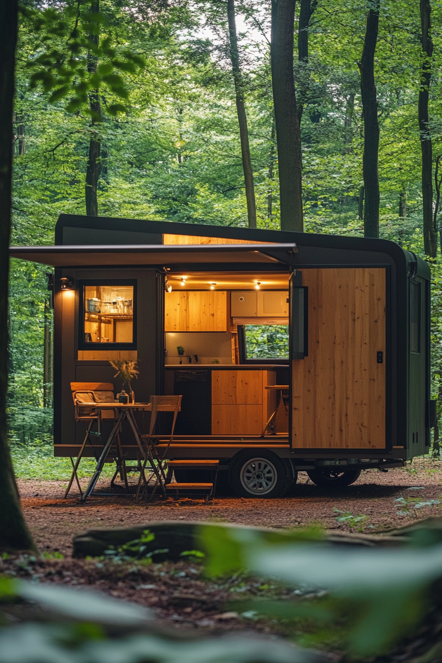 Tiny House Camper. Cool-tone labspace floorplan beside a green forest campsite.