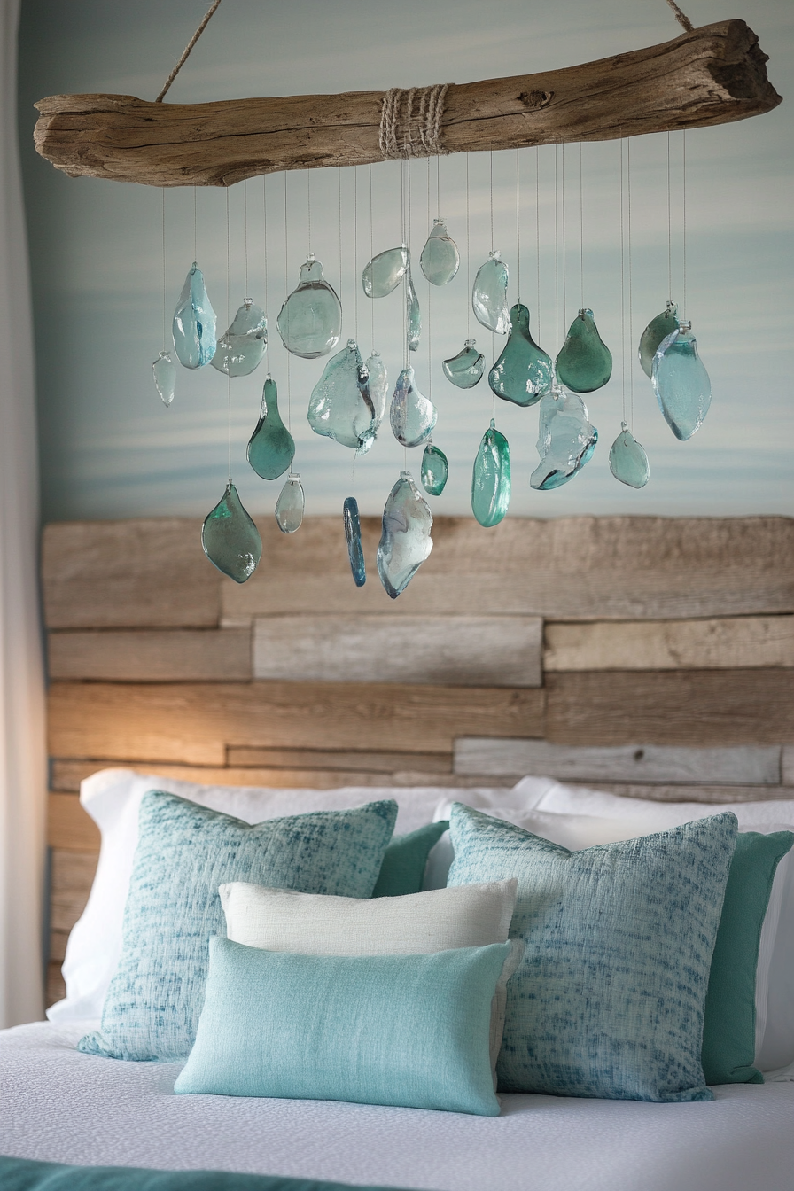 Coastal bedroom. Sea glass mobile and driftwood headboard.