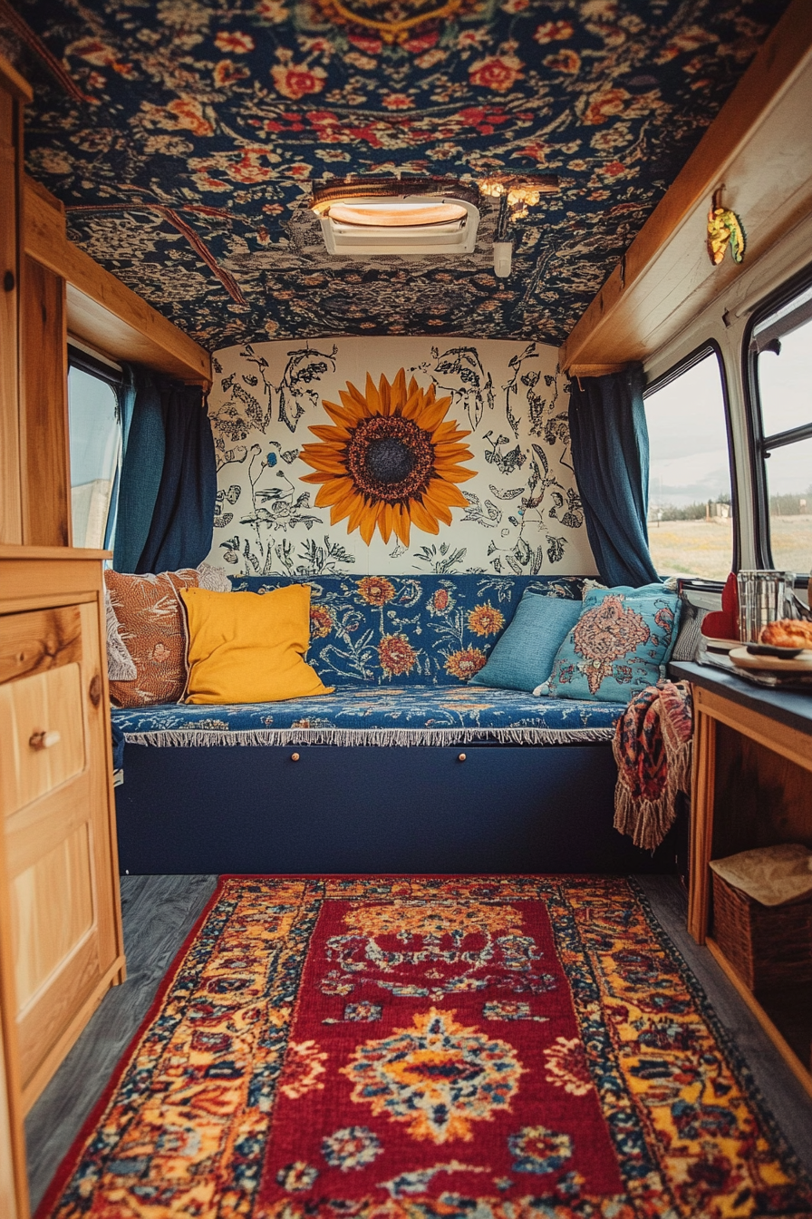 Camper interior. Scarlet rug, navy blue canopy, sunflower-patterned wall art.