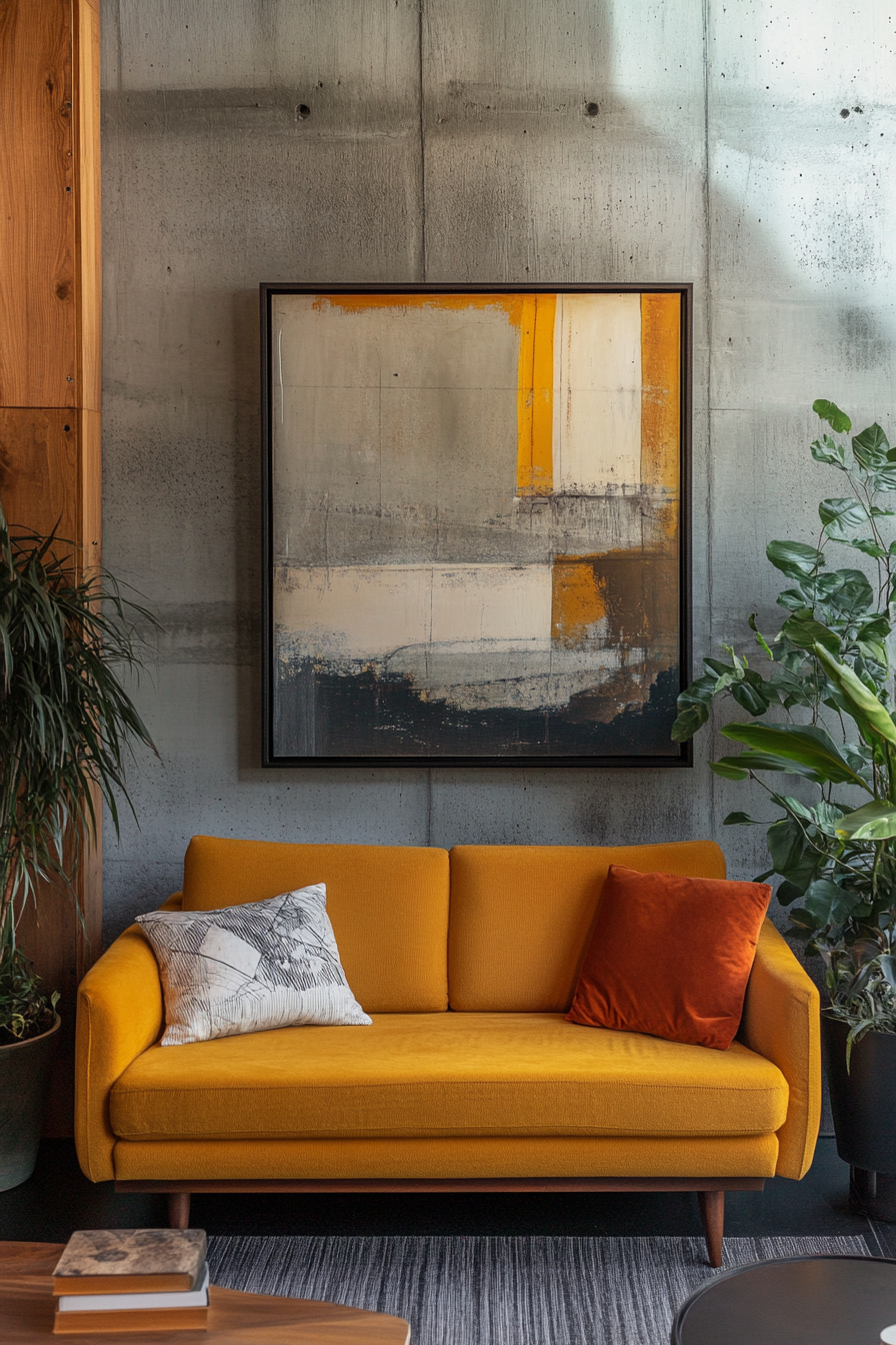 Urban Tiny Living Room. Mustard yellow loveseat with contemporary abstract art on concrete wall.