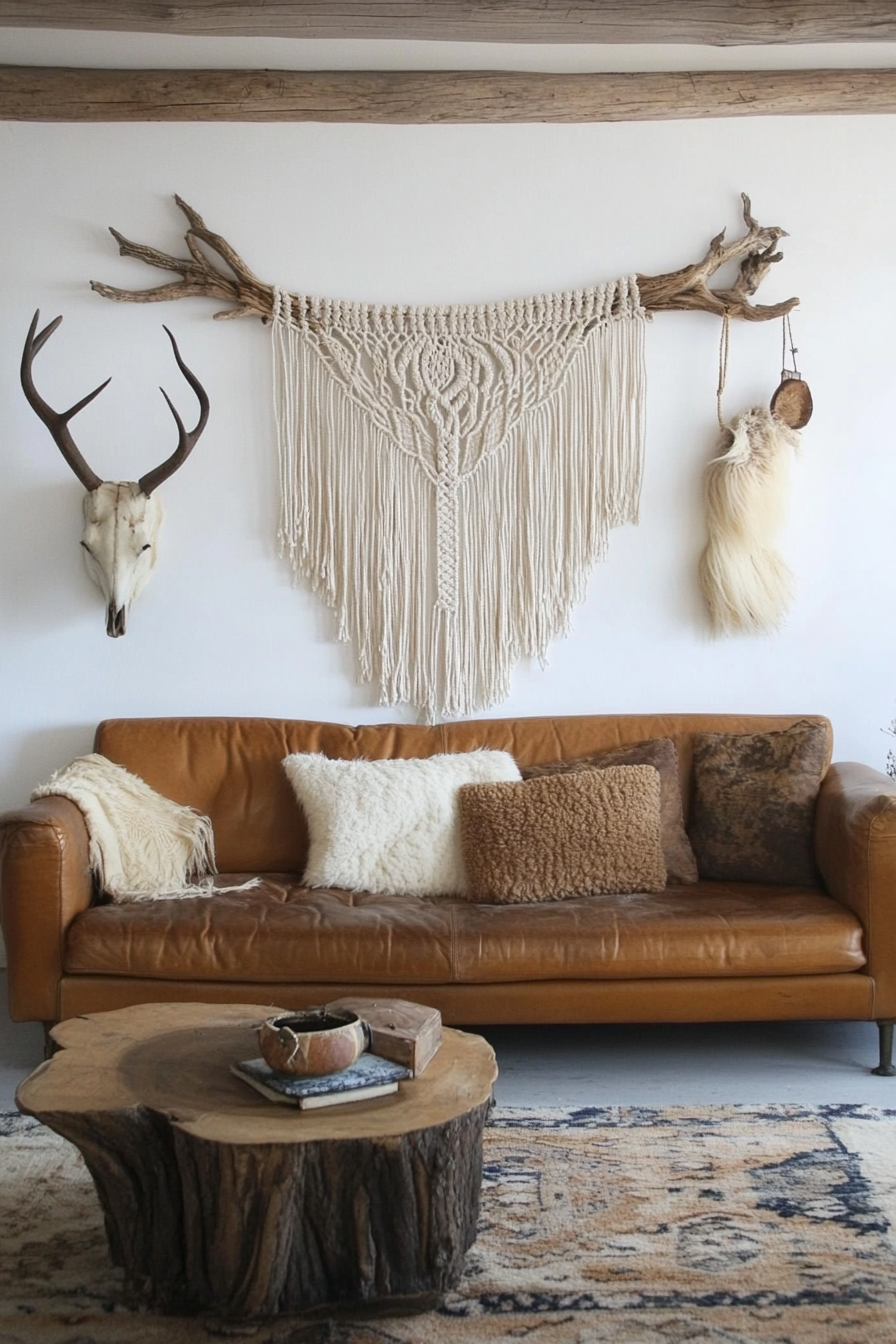 Boho living room. Macrame wall hanging over a distressed leather sofa.