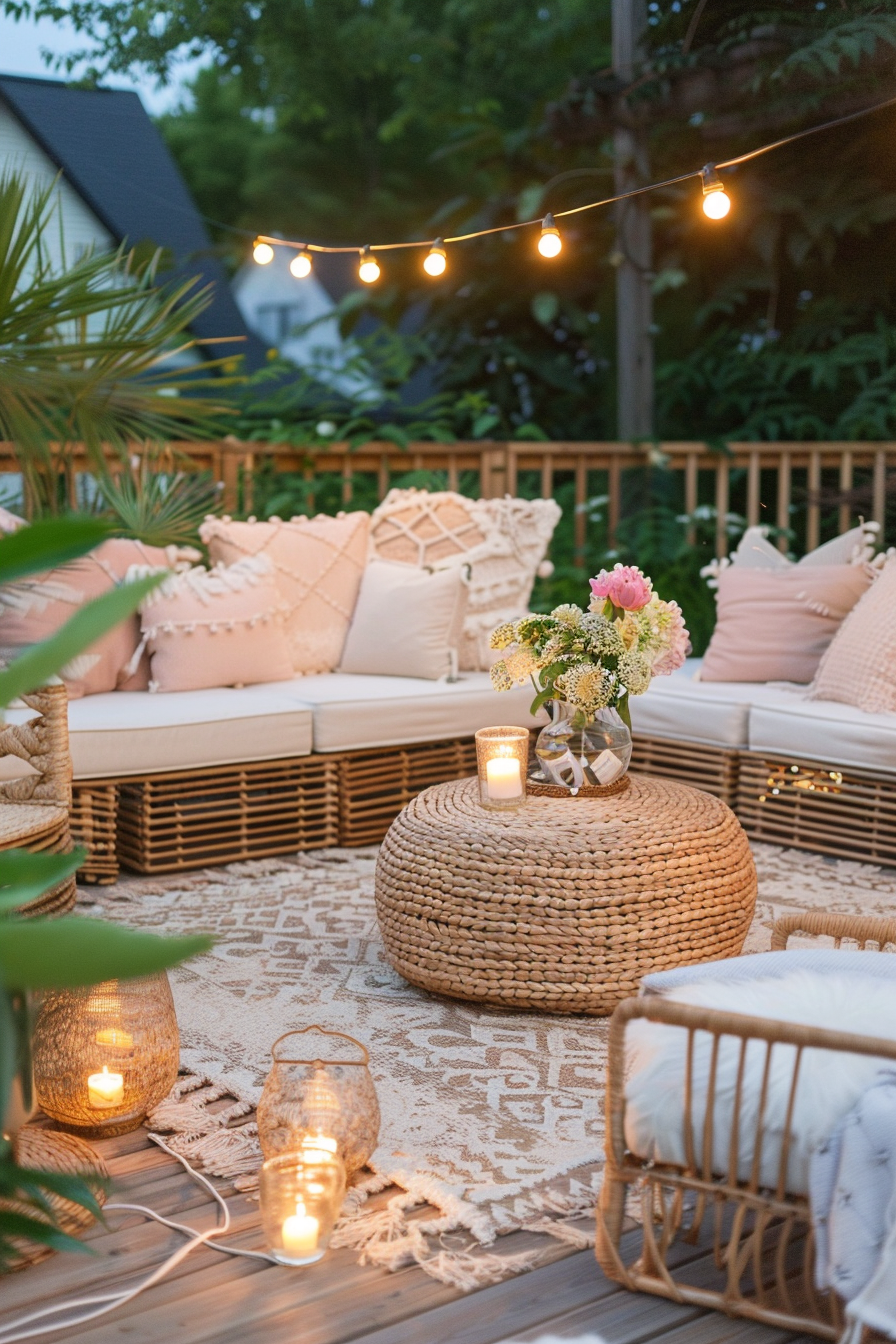 Chic Boho Patio. Jute rug, pastel throw pillows, string lights and wicker furniture.