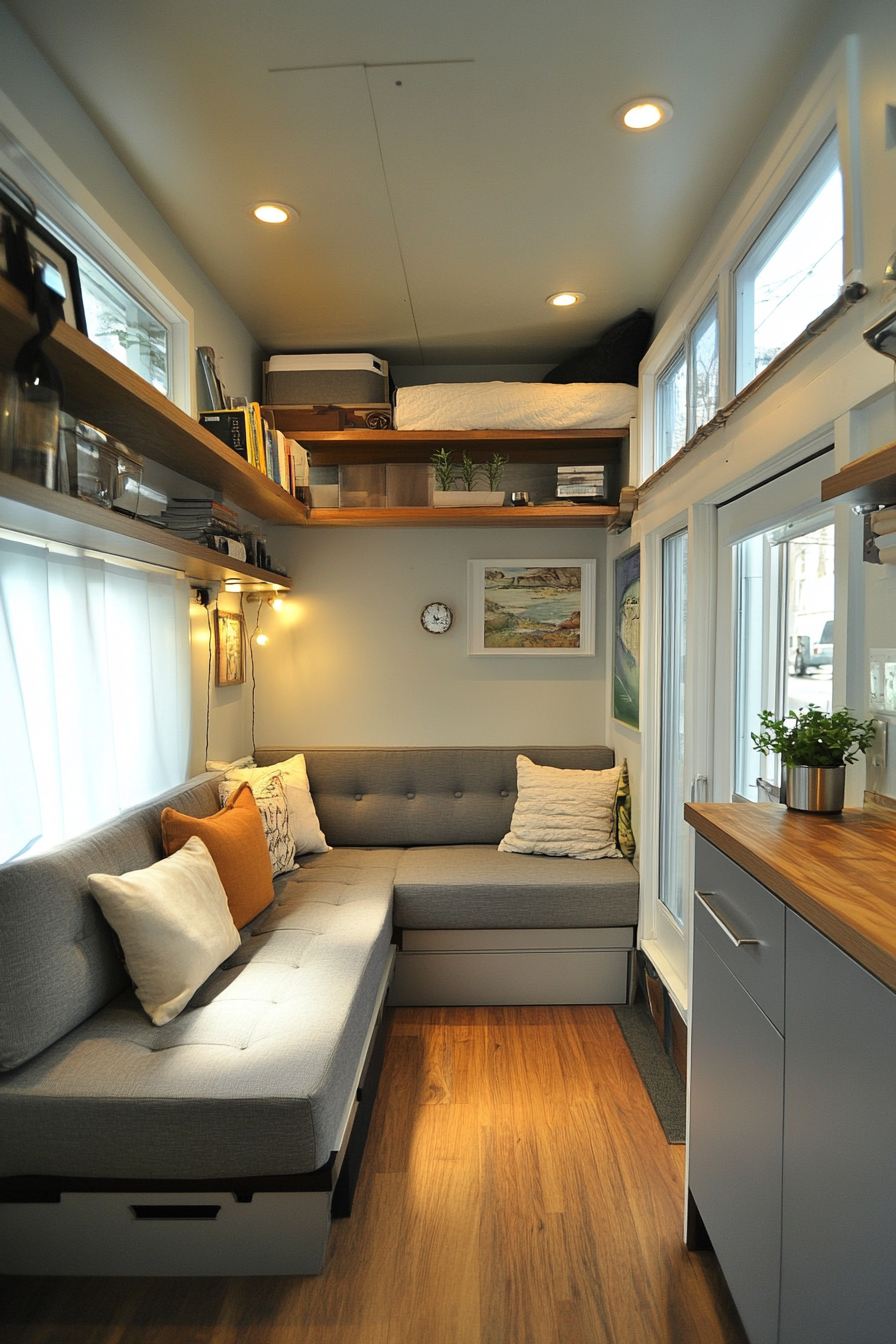 Urban tiny living room. Wide view with a gray modular couch and vertical shelving.