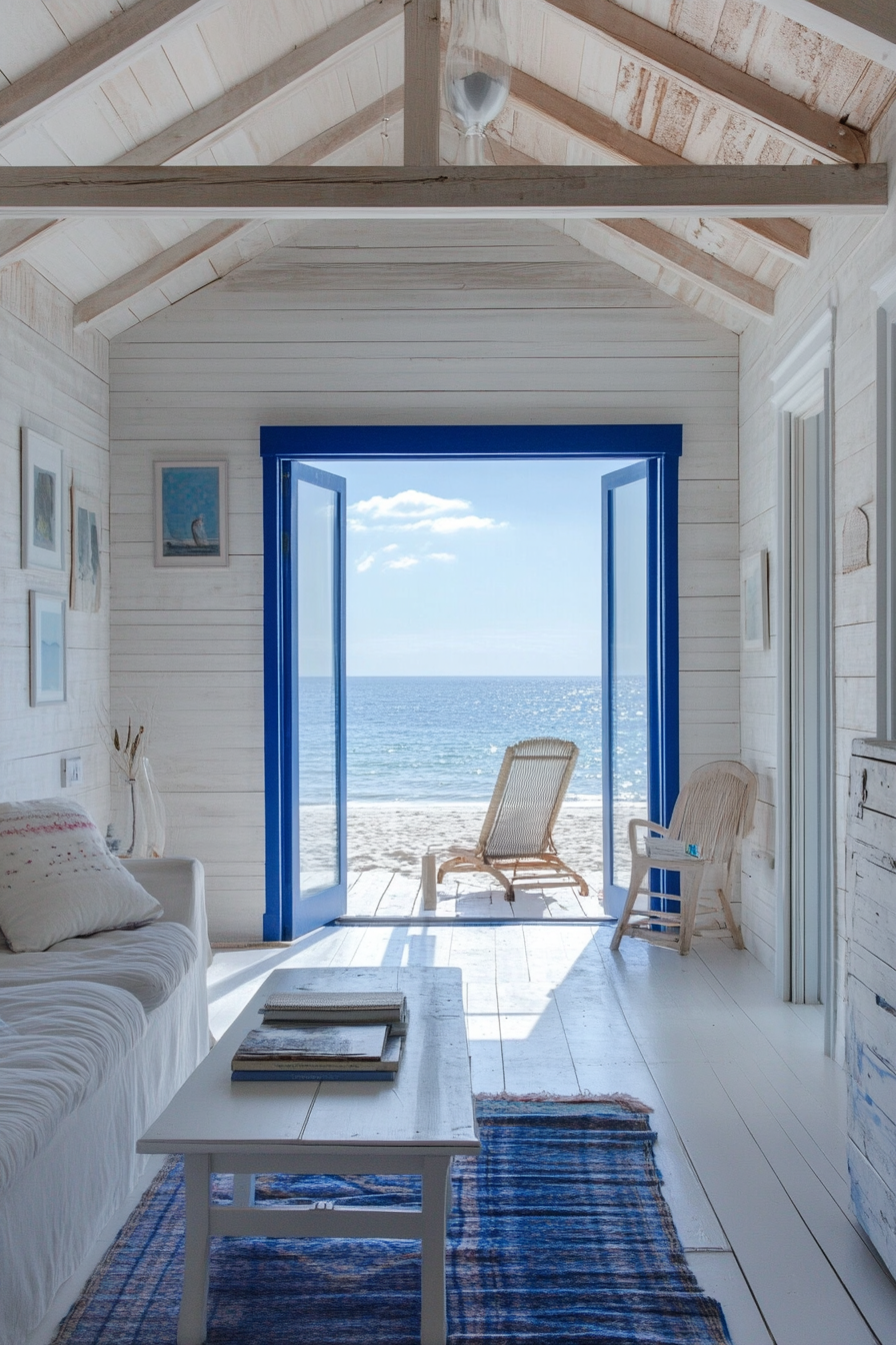 Compact beach house. Cobalt blue trim, whitewashed walls, a full wall ocean-view window camouflaged in seaglass.