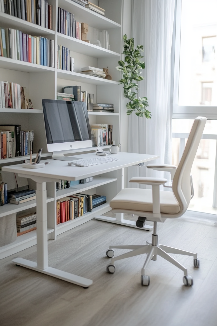 Home office inspiration. Standing desk with a minimalist white chair and wall bookshelf.