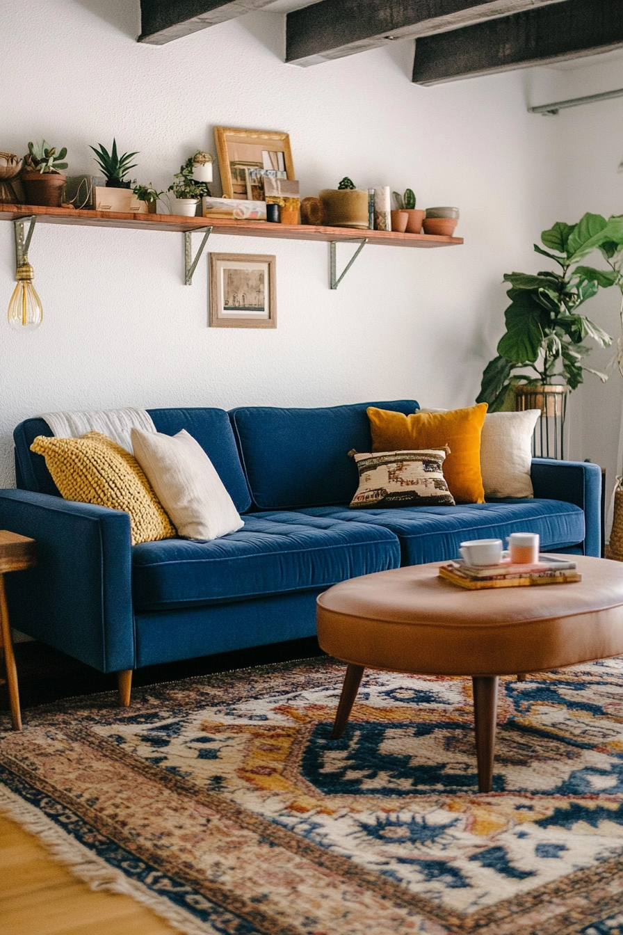 Living room inspiration. Low-backed blue mid-century sofa, thrifty ottoman, honey oak floating shelves.