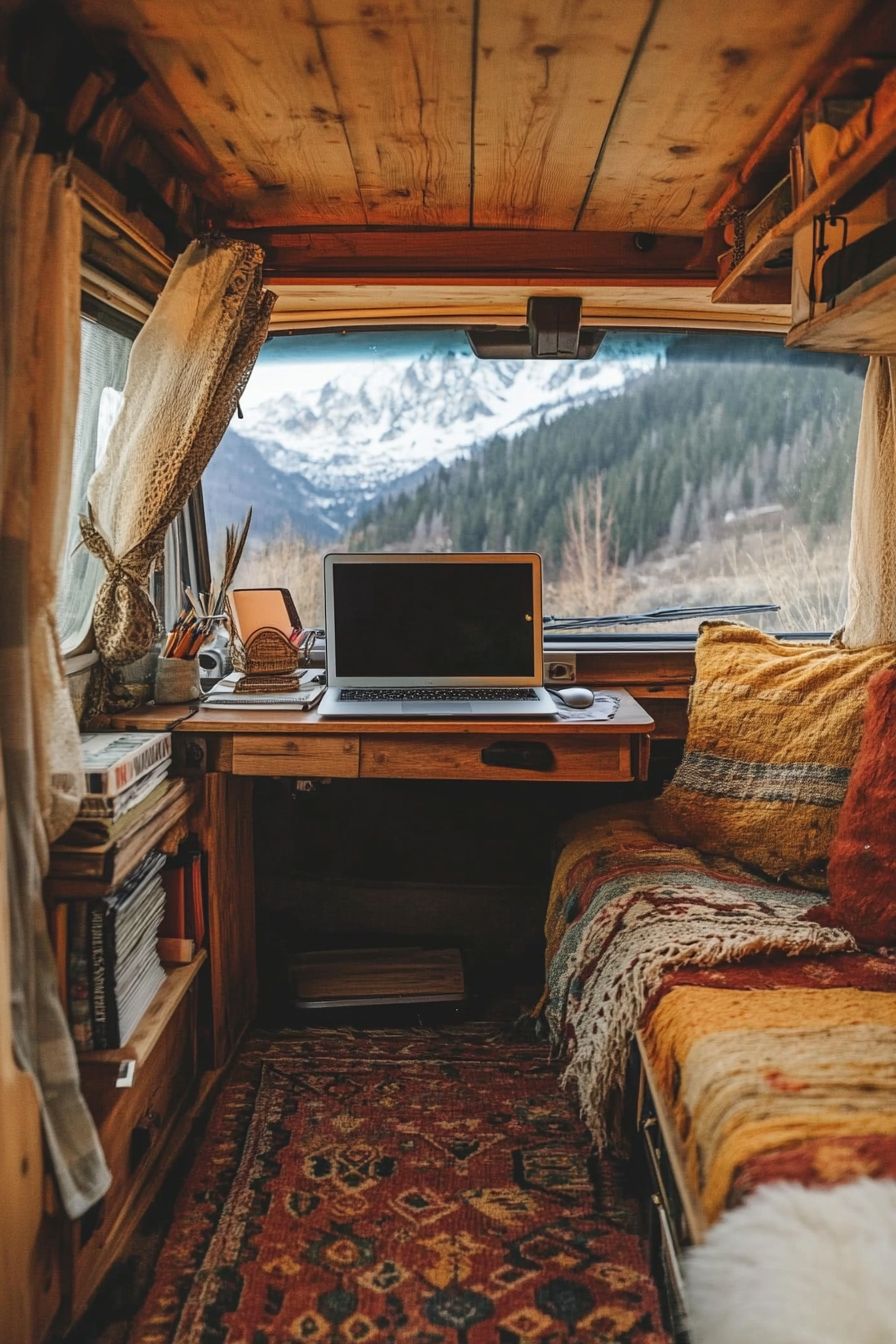 Digital Nomad Camper Van. Hippie-inspired color palette, high-roof, desk space by the window.