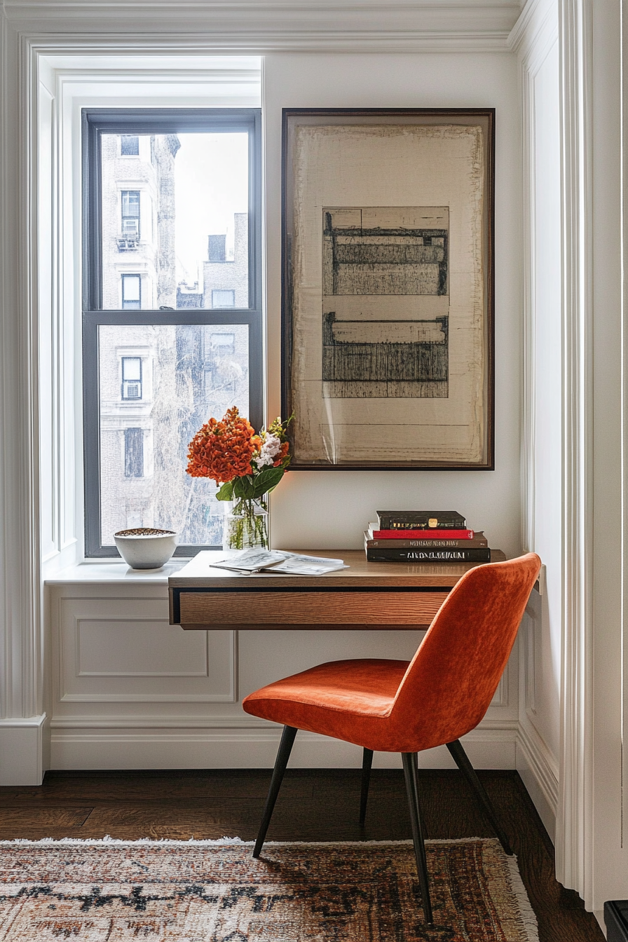 Living room inspiration. Wall-mounted, foldable desk in a tiny nook.