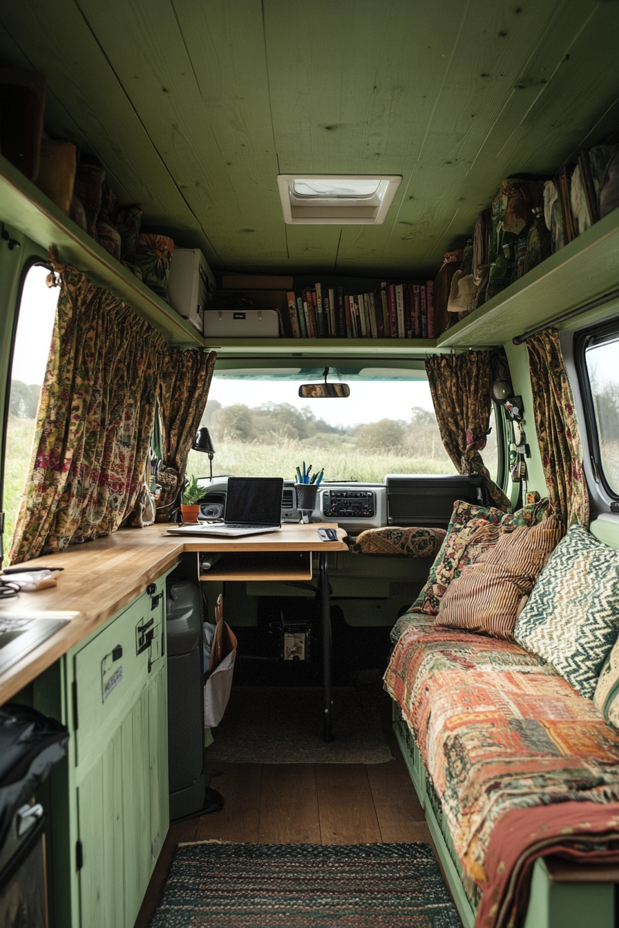 Digital Nomad Camper Van. Sage green exterior, patchwork curtains, built-in folding desk.