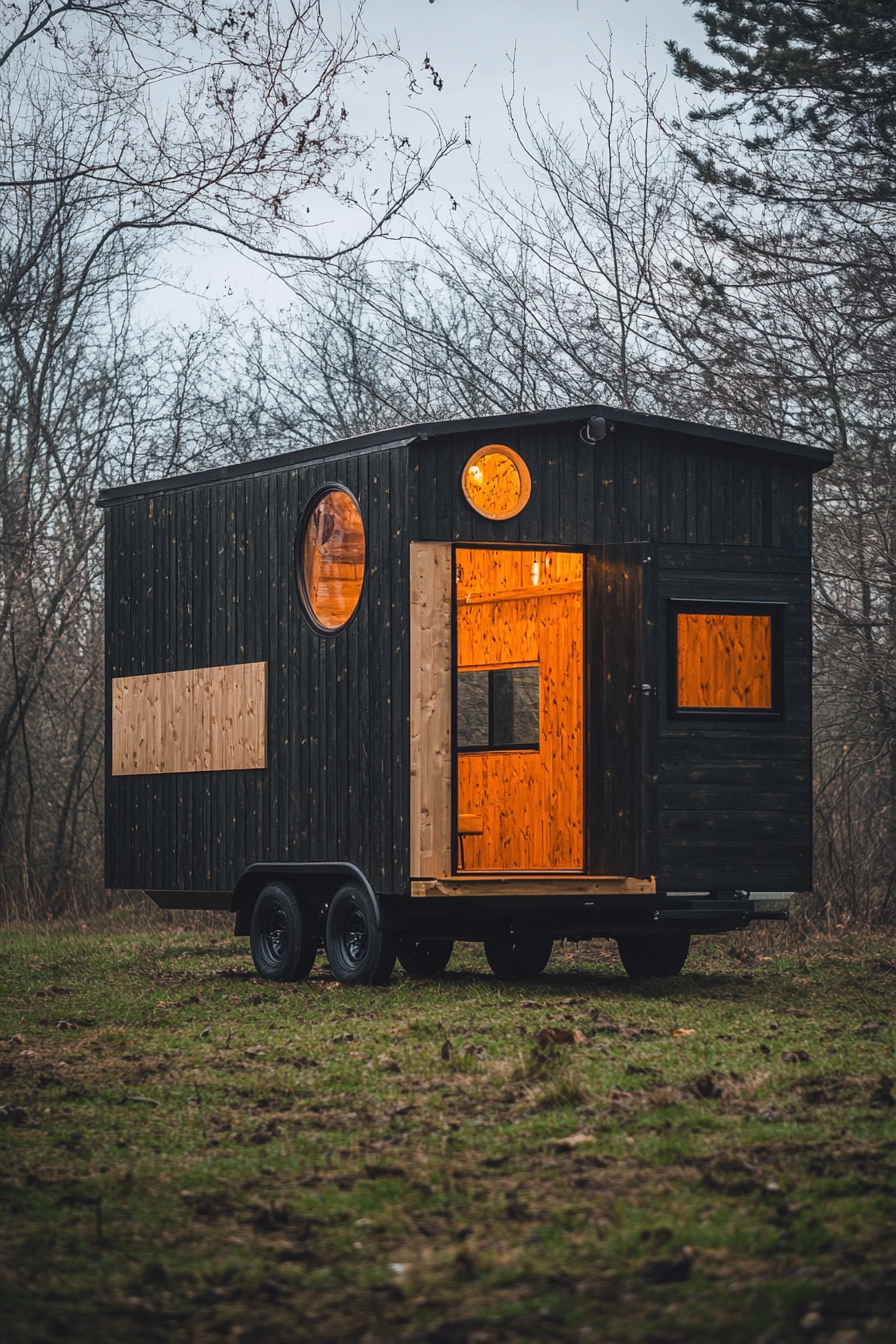 Tiny House Camper. Half-charcoal exterior, half-birchwood interior view.