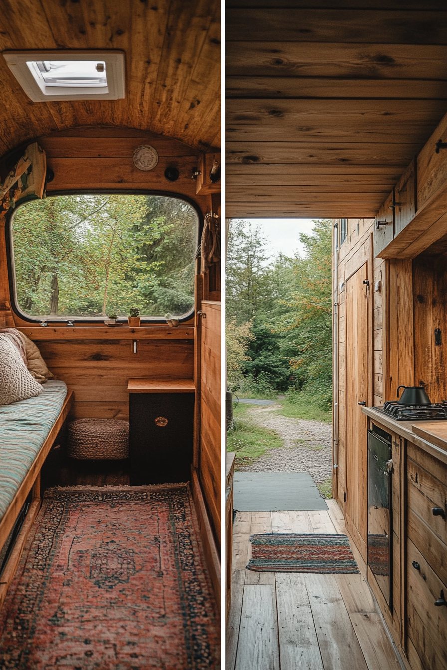 Split image. Left side intricate tiny house camper interior, right side wooden exterior.