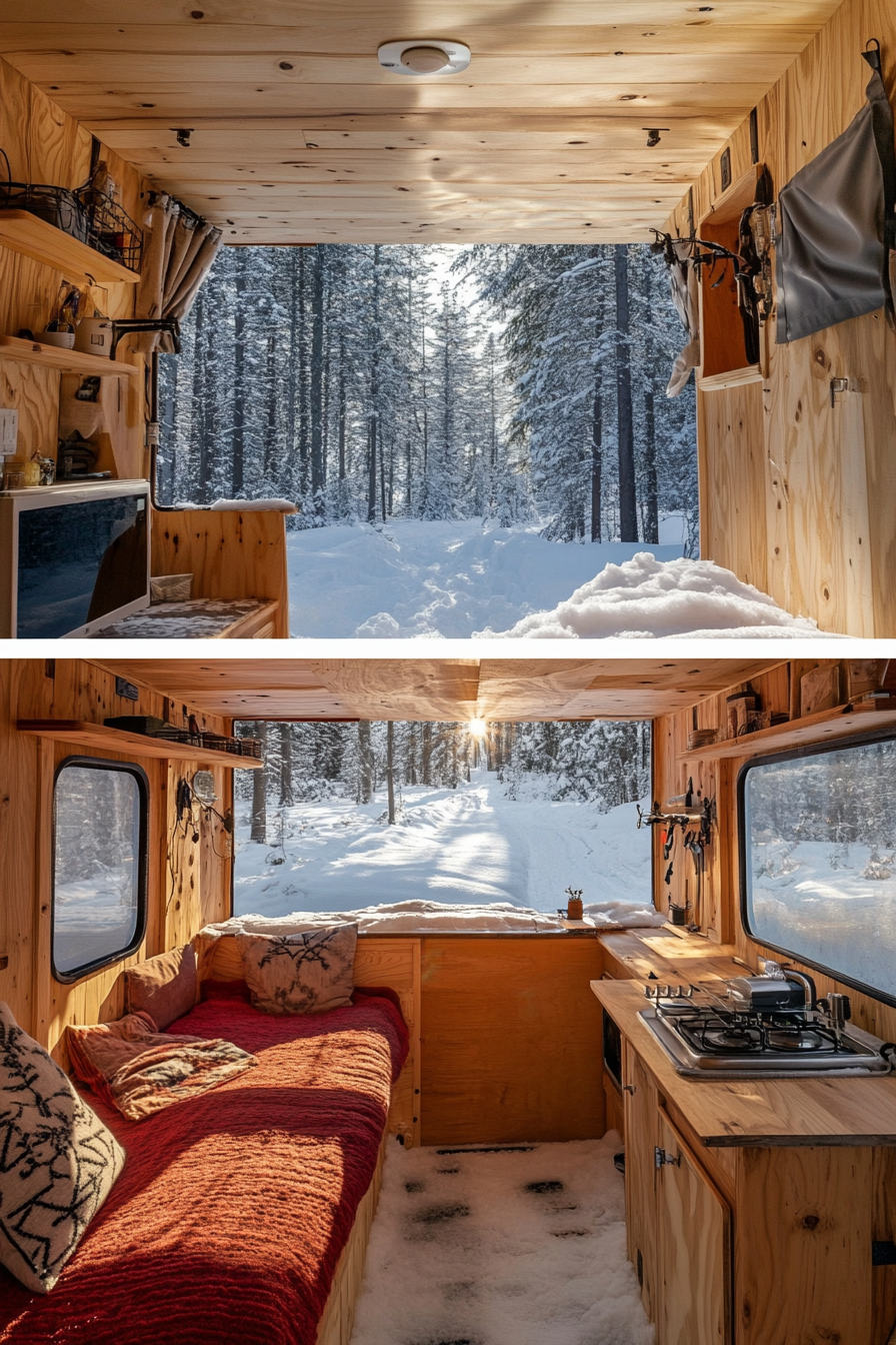 Splitted image. Sunny tiny house camper interior and snowy exterior.