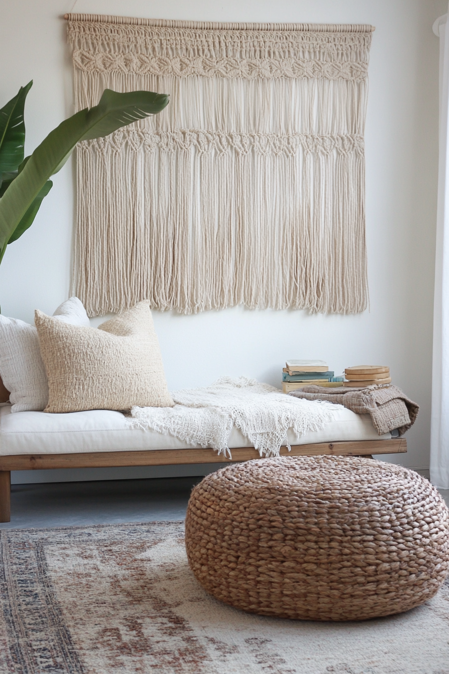 Living room. Macrame wall-hanging art with jute floor pouf.